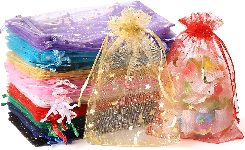 Moon Star Organza Bags, 4" x 6" Wedding Favor Bags with Drawstring Bag, 100 Mixed Color Small Mesh Candy Gift Pouches, Party, Jewelry, Christmas, Festival, Eidem Barack Party Favor Bags