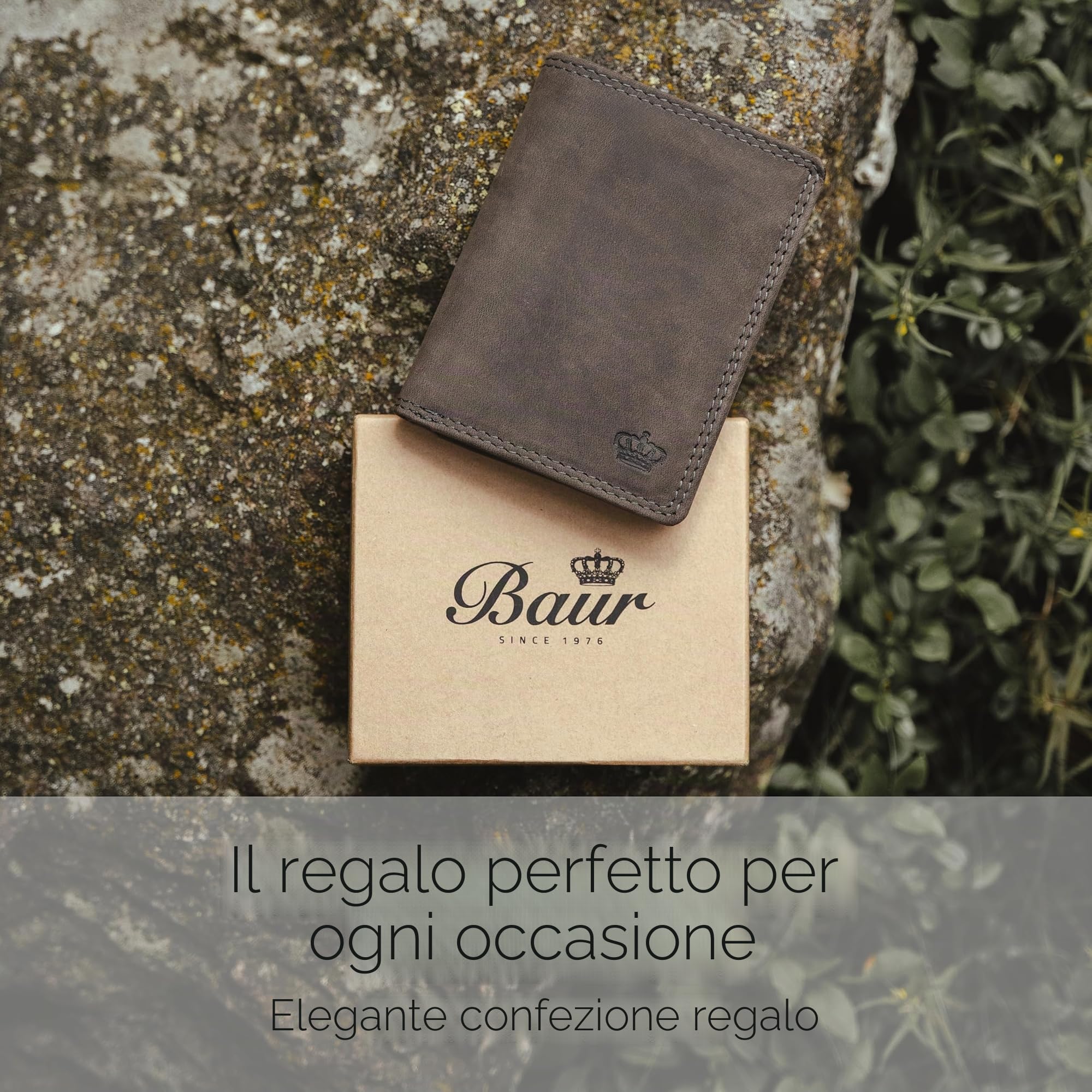 Baur portafoglio da uomo – vera pelle di bufalo con protezione RFID – portafoglio grande verticale con 12 scomparti carte e ampio scomparto monete (Formato verticale con bottone interno, Grigio)