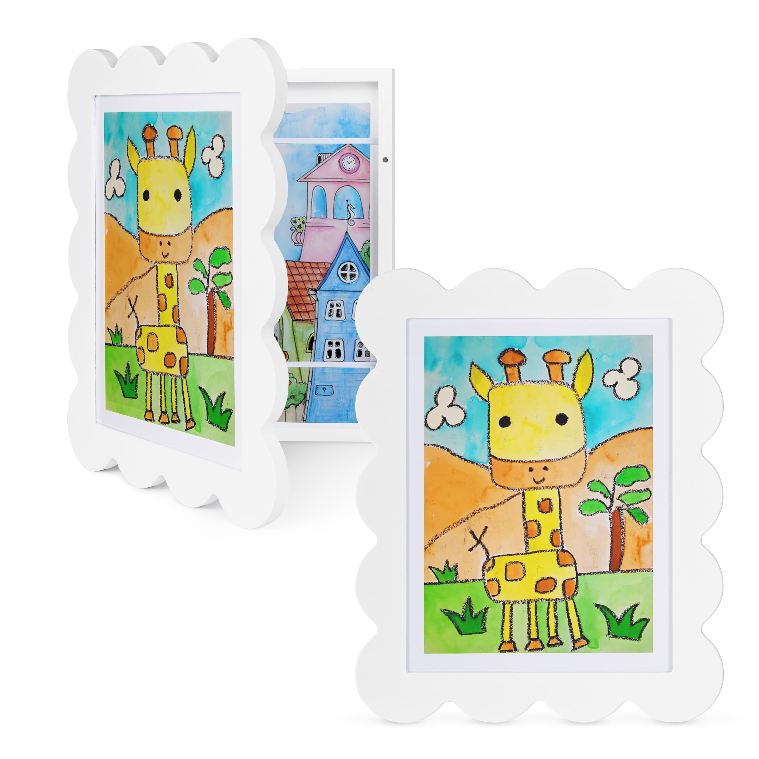 Solfres Kids Art Frames Front Opening 9x12 & 8.5x11 w/Mat, Set of 2, Kids Artwork Frames Changeable, Picture Frame with Storage Holds 150 Drawings, Display for Art Projects 3D Crafts, White