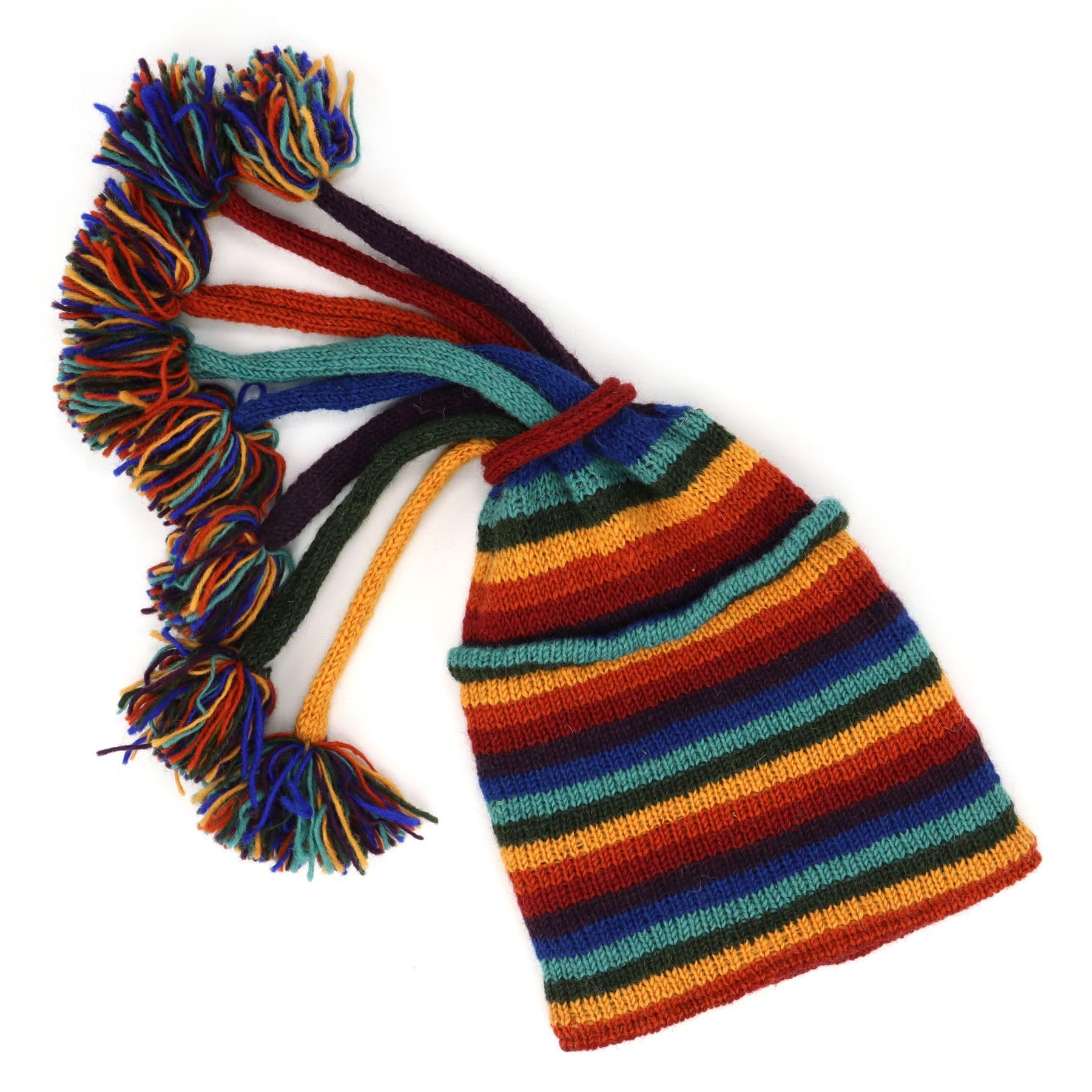 LOUDelephant Hand Knitted Beanie Fountain Tassel Hat - Stripe Dark Rainbow