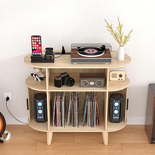 Miniatura 5 de Soporte redondo para tocadiscos, mesa de tocadiscos de mediados de siglo, estante para tocadiscos de vinilo con toma de corriente, aparador de