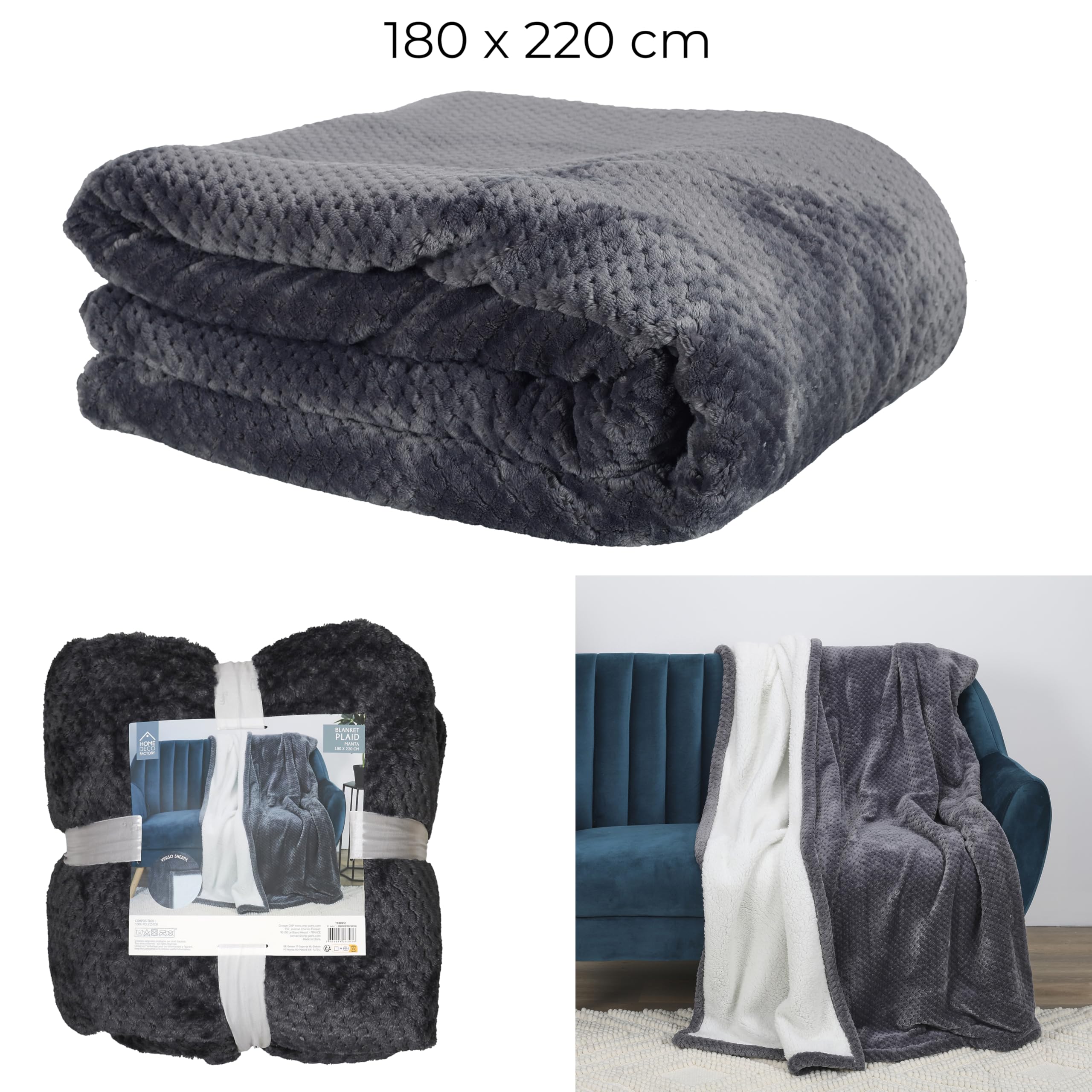 HOME DECO FACTORY Plaid Doux en Nid d'abeille 180x220 cm Décoration Gris | Polyester, plaid doux nid d'abeille, 180x220 cm, décoration intérieure, canapé ou lit, gris