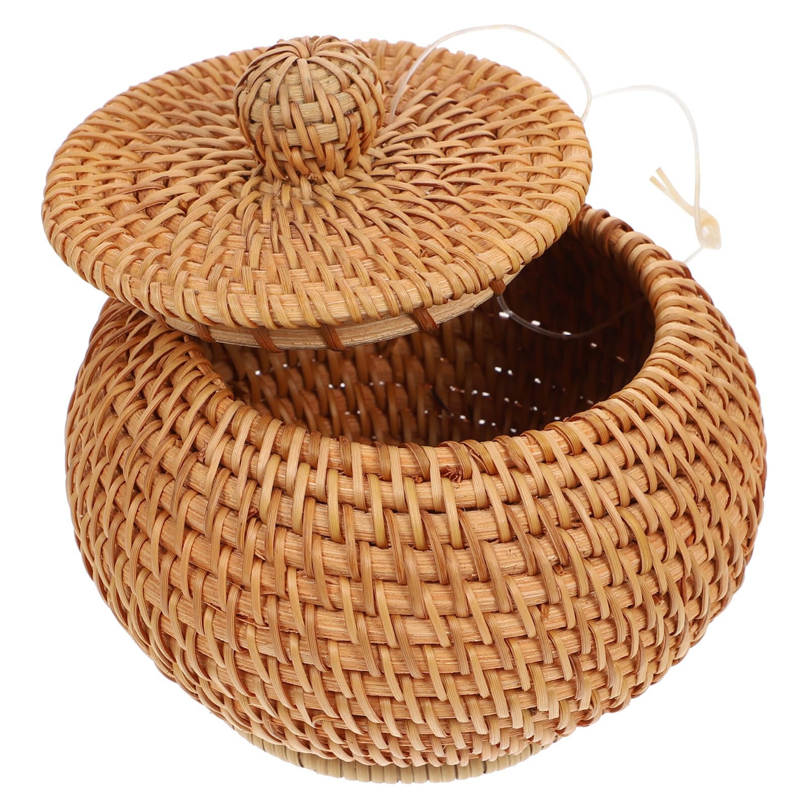 STOBAZA Round Rattan Storage Basket with Lid Hand-Woven Wicker Basket Bin Desktop Sundries Bread Fruit Snacks Basket for Picnic Sundries Table Shelf Organizer