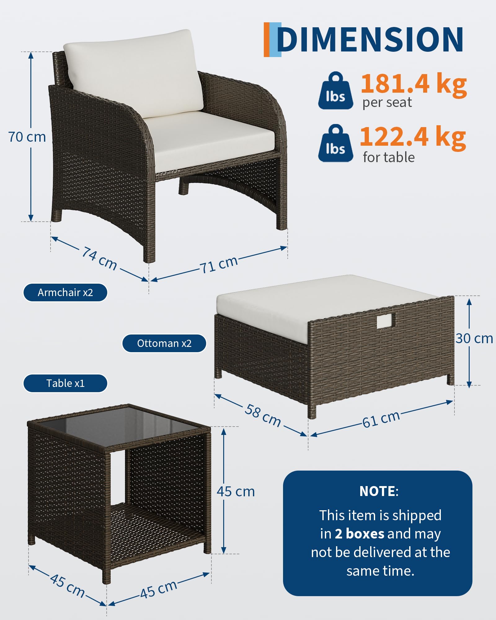 GarveeHome 5er Rattan Gartenmöbel Set mit 71cm breiter Sitzfläche, Balkonmöbel Kleiner Balkon, 2 Rattansessel mit Hocker & Tisch, Gartenlounge Terrassenmöbel, Outdoor Gartengarnitur