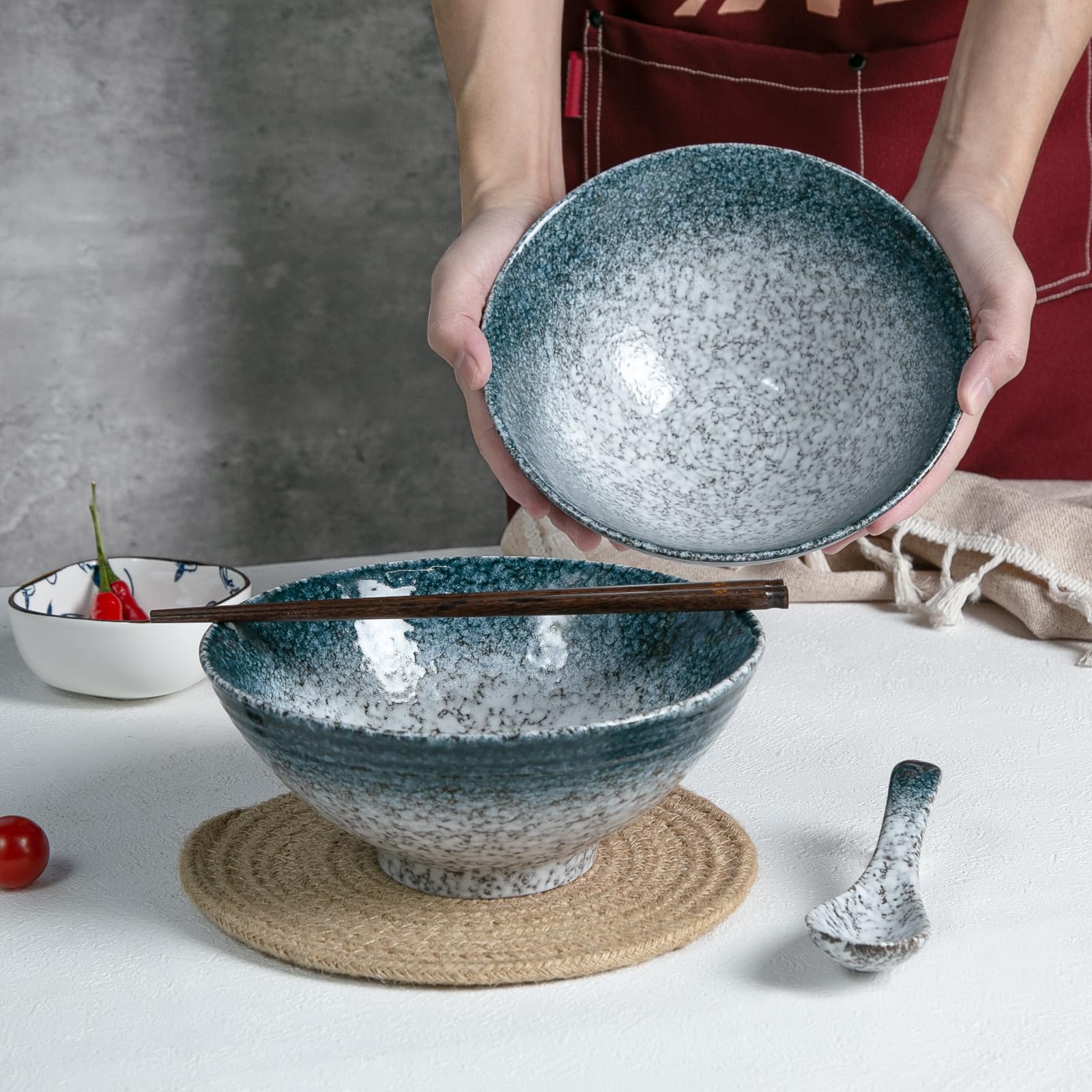 Juego de tazón de ramen de cerámica de 2 piezas Vajilla de porcelana de estilo japonés con palillos y cuchara (piedra)