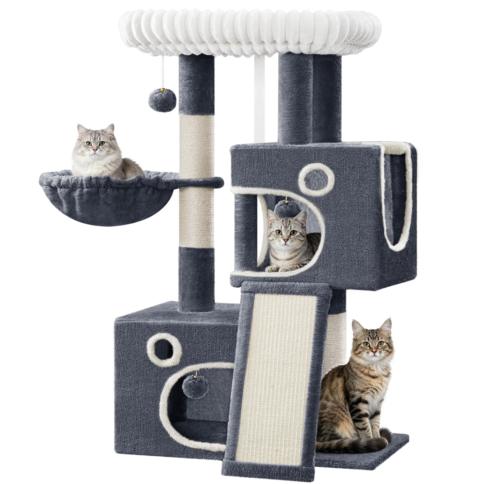Hzuaneri 113cm Cat Tree, Cat Tower for Indoor Cats, Multi-Level Cats House Furniture with Scratching Post, 2 Caves, Large Platform, Scratching Ramp, Pompom, Dark Grey MS11318SG