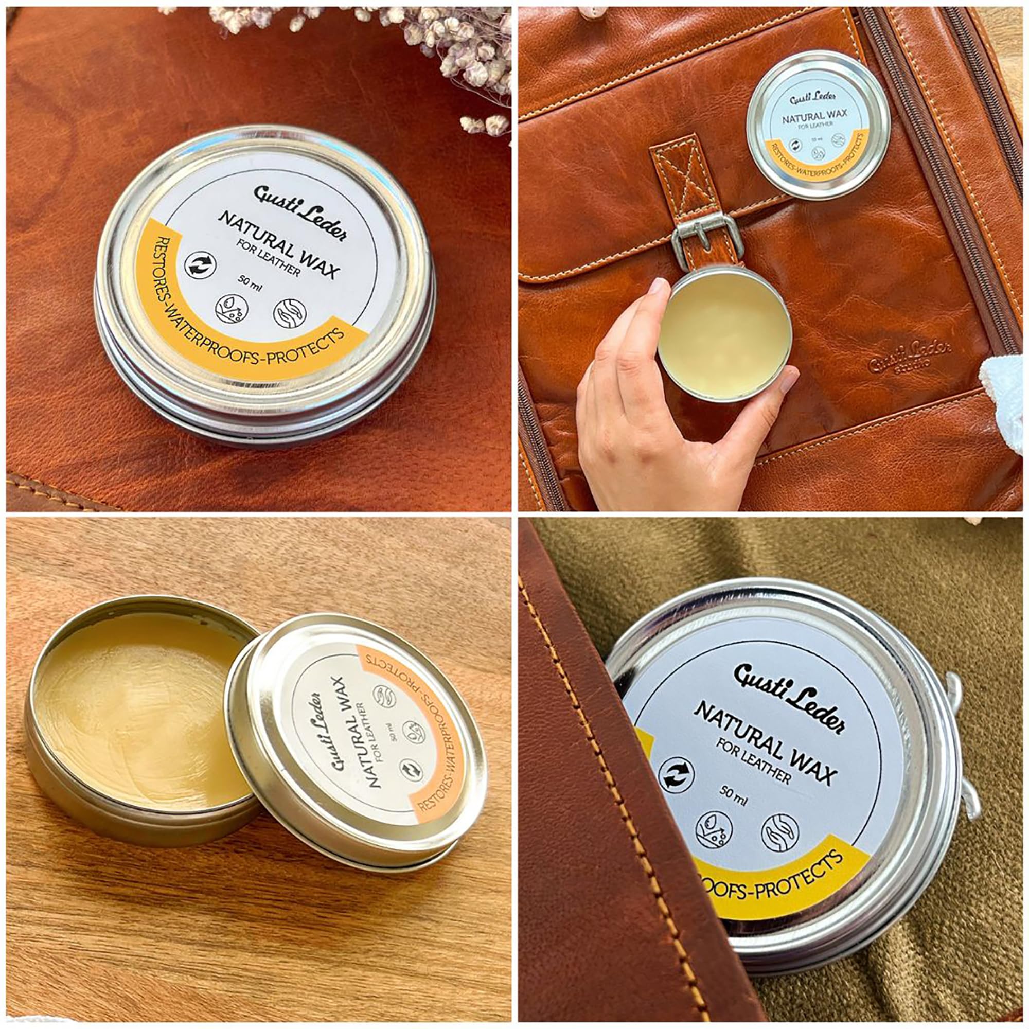Gusti Leder Natural Wax - Cera de abejas para el cuidado del cuero para sofá, bolsos, zapatos y coche - grasa para cuero para brillo, protección y suavidad
