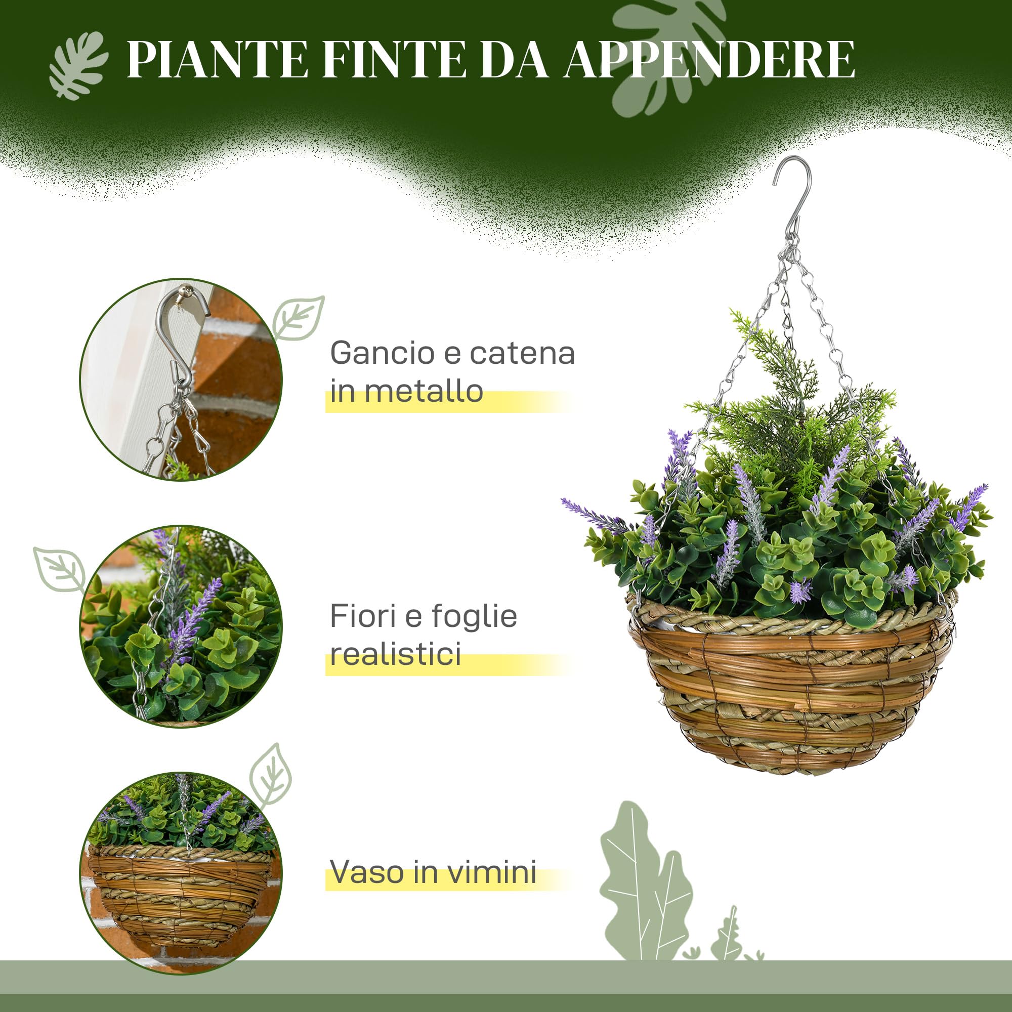 Outsunny Set 2 Piante Finte di Lavanda con Vaso e Gancio, Piante Artificiali in PE e Vimini, Ø25x34 cm, Verde e Viola