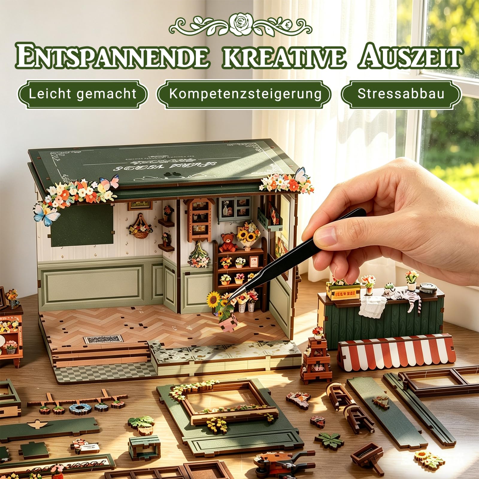 Book Nook Kit – DIY Miniatur Blumenladen Aura Verde – Kreativer Book Nook Bausatz – 3D Holzpuzzle Bücherstütze mit LED-Licht – Romantische Dekoration & Geschenk