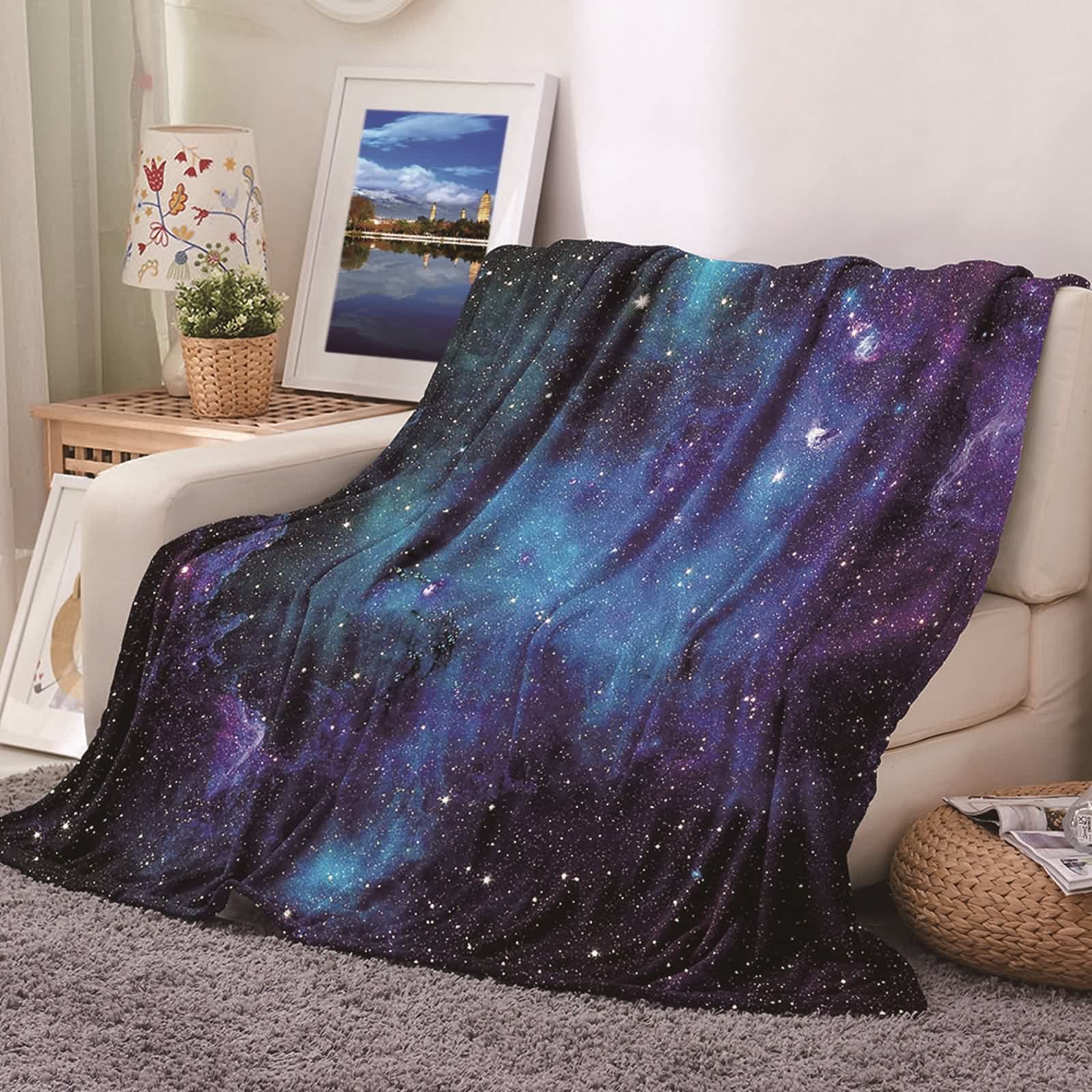 Couverture chaude hiver en flannel KnSam 180x220cm motif ciel étoilé doux pour lit et canapé