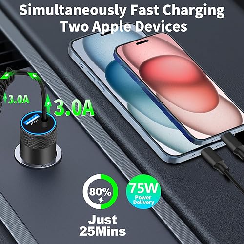 Vista 44 de 【MFi Certified】iPhone Fast Car Charger, BARMASO 4.8A Dual USB Smart Car Power Cigarette Lighter USB Fast Car Charging Adapter with 2Pack Lightning