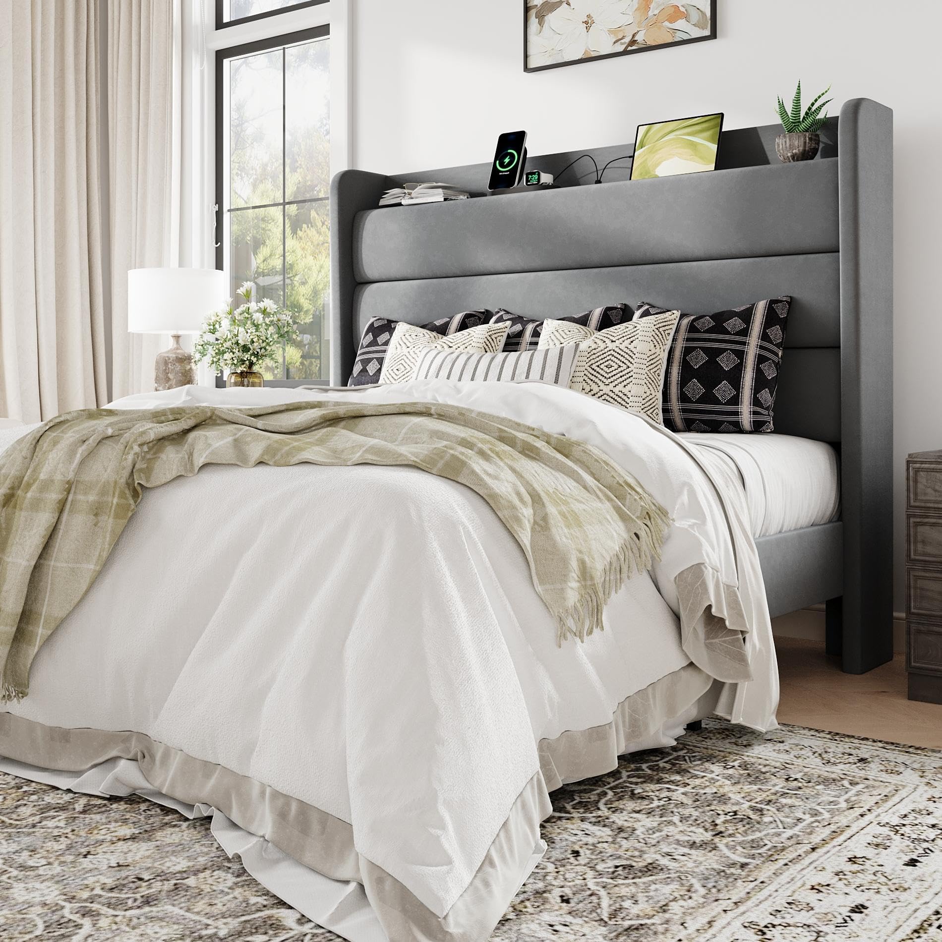 Allewie Queen Size Upholstered Bed Frame with Charging Station & Storage Headboard, Soft Velvet Wingback Platform Bed, Strong Wooden Slats Support, No