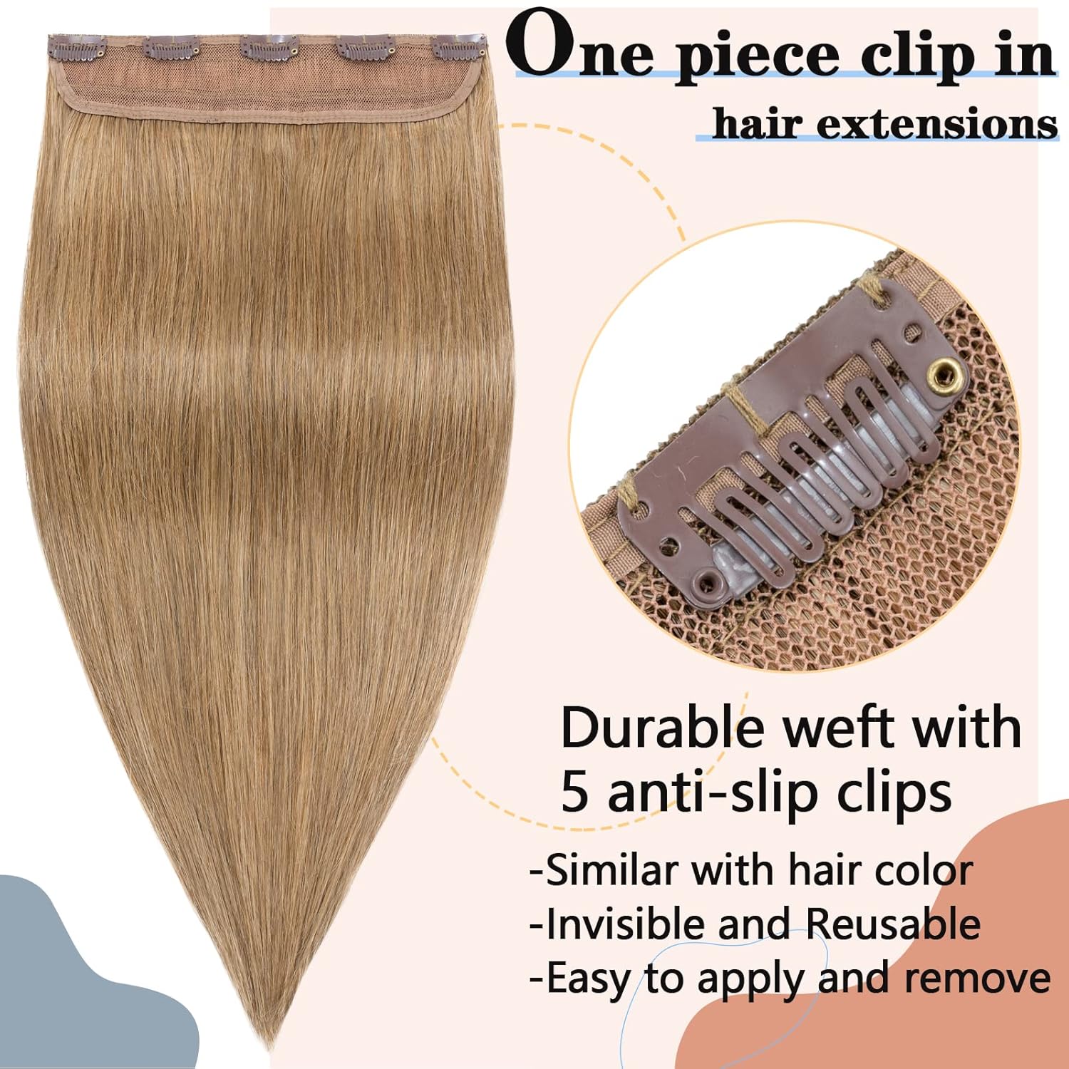 S-noilite Clip in Hair Extensions Human Hair Clip in 100% Remy Human Hair One Piece/5 Clips/3/4 Full Head Standard Weft Straight 12 Inch/40g (#27 Dark Blonde)