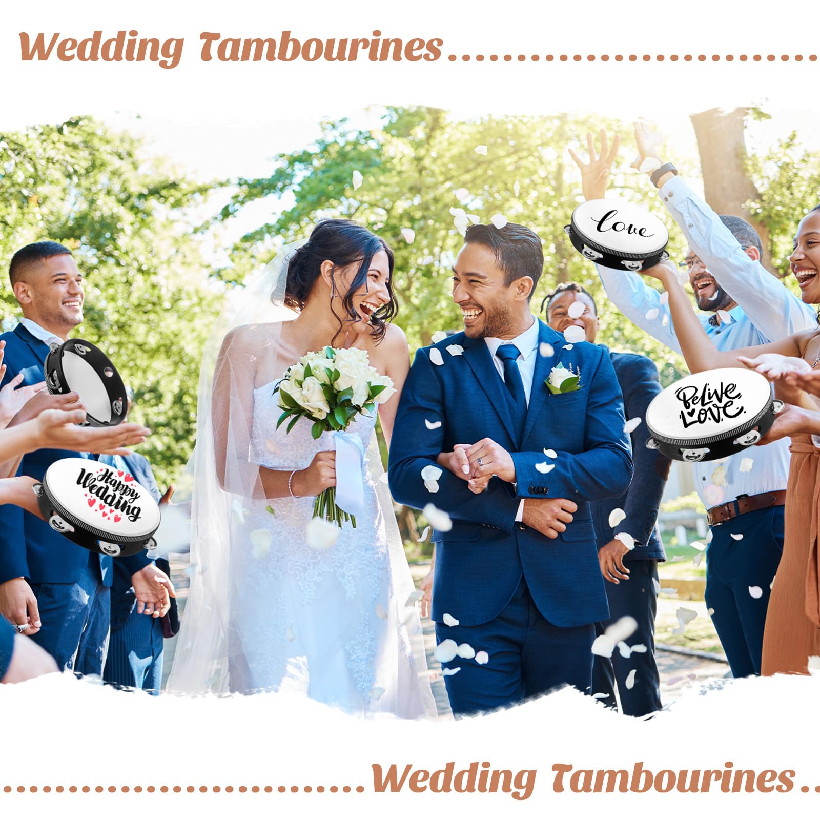 12 tamburelli per matrimoni, per adulti, a percussione, in legno, metallo, musicali, educativi, per giochi in chiesa, feste di nozze (nero, 20 cm)