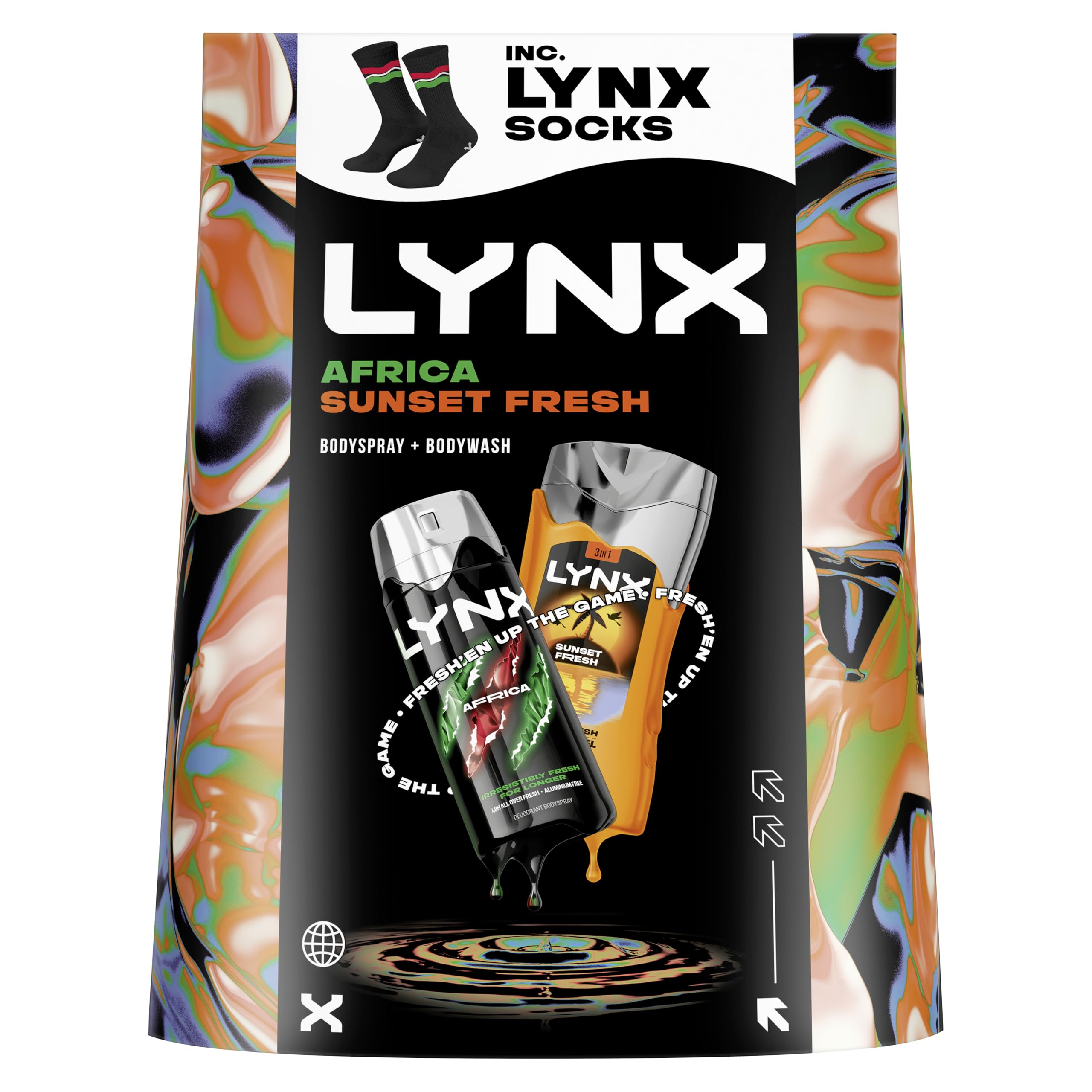 Lynx Gift Set Africa & Sunset Fresh with a body spray, a body wash and Socks perfect gifts for him 2 piece