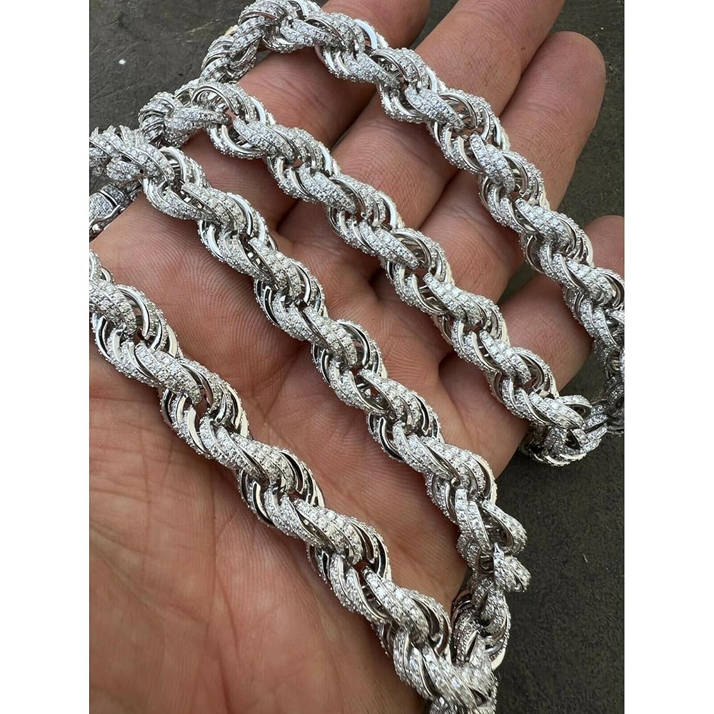 Moissanite iced silver men's rope chain 10mm (Length 20