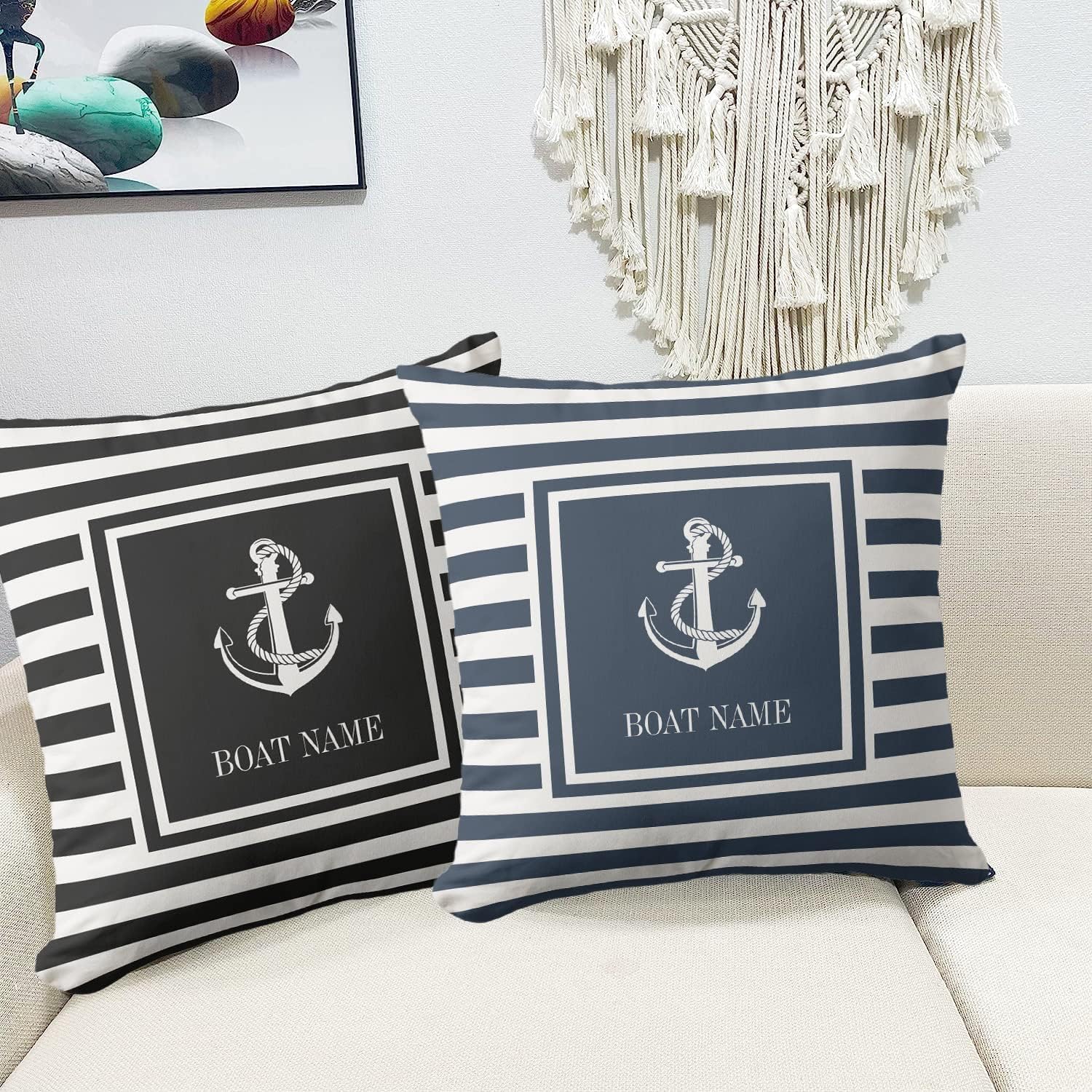 Nautical Anchor Boat Name Navy Blue Striped Decorative Throw Pillow Covers Cotton Polyester Cushion Case 20 x 20inches Farmhouse Pillowcase for Couch Sofa Bed
