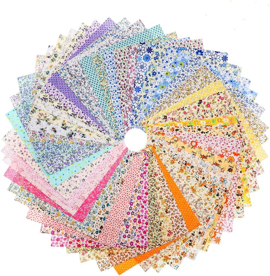 Quonae 50-Piece Floral Cotton Bundle, 10" x 10" Quilted Fabric Set Flower Cotton Bundle Pre-Cut Quilt Guide Patchwork DIY Handmade Fabric