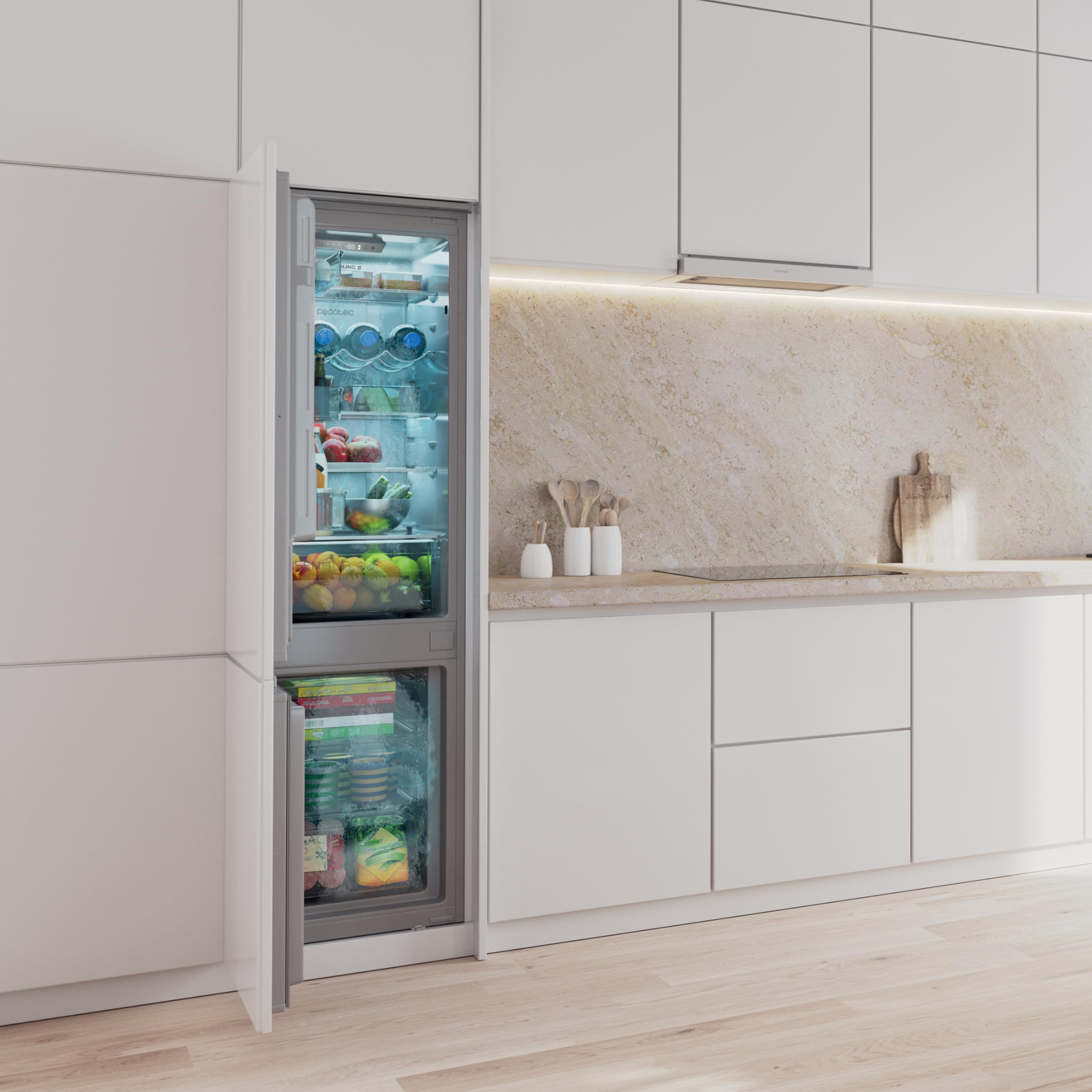 Cecotec Frigorifero Combinato da Incasso Bolero CoolMarket Combi BI-D MC 232 GREY E. 177x54 cm, 232 L, Metal Cooling, Interno Grigio Premium, Classe E, Fast Cooling, Fast Freezing, Efficienza Totale