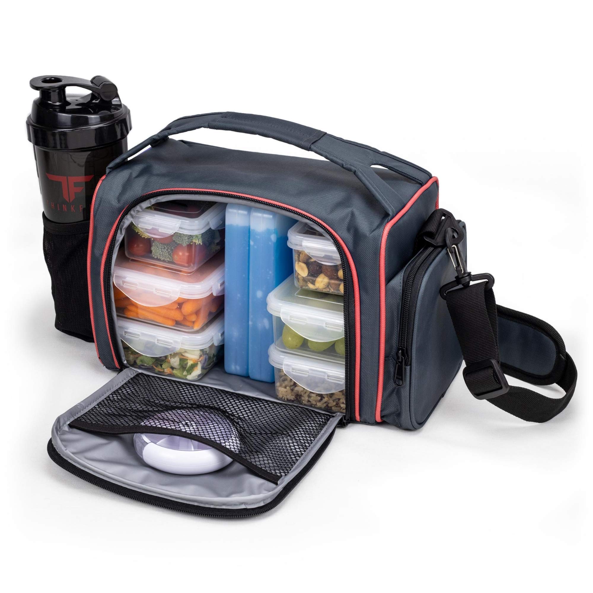 ThinkFit Sac Isotherme Repas, Sans BPA - 6 Boîtes à Lunch pour Aliments Allant au Micro-Ondes et au Congélateur, Bouteille de Shaker, Boîte à Comprimés - Boite Hermetique Alimentaire - Rouge
