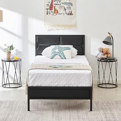 Miniatura 2 de VECELO Base de cama de plataforma de tamaño individual con cabecera de madera, base de colchón, soporte de listones de acero de alta calidad, no