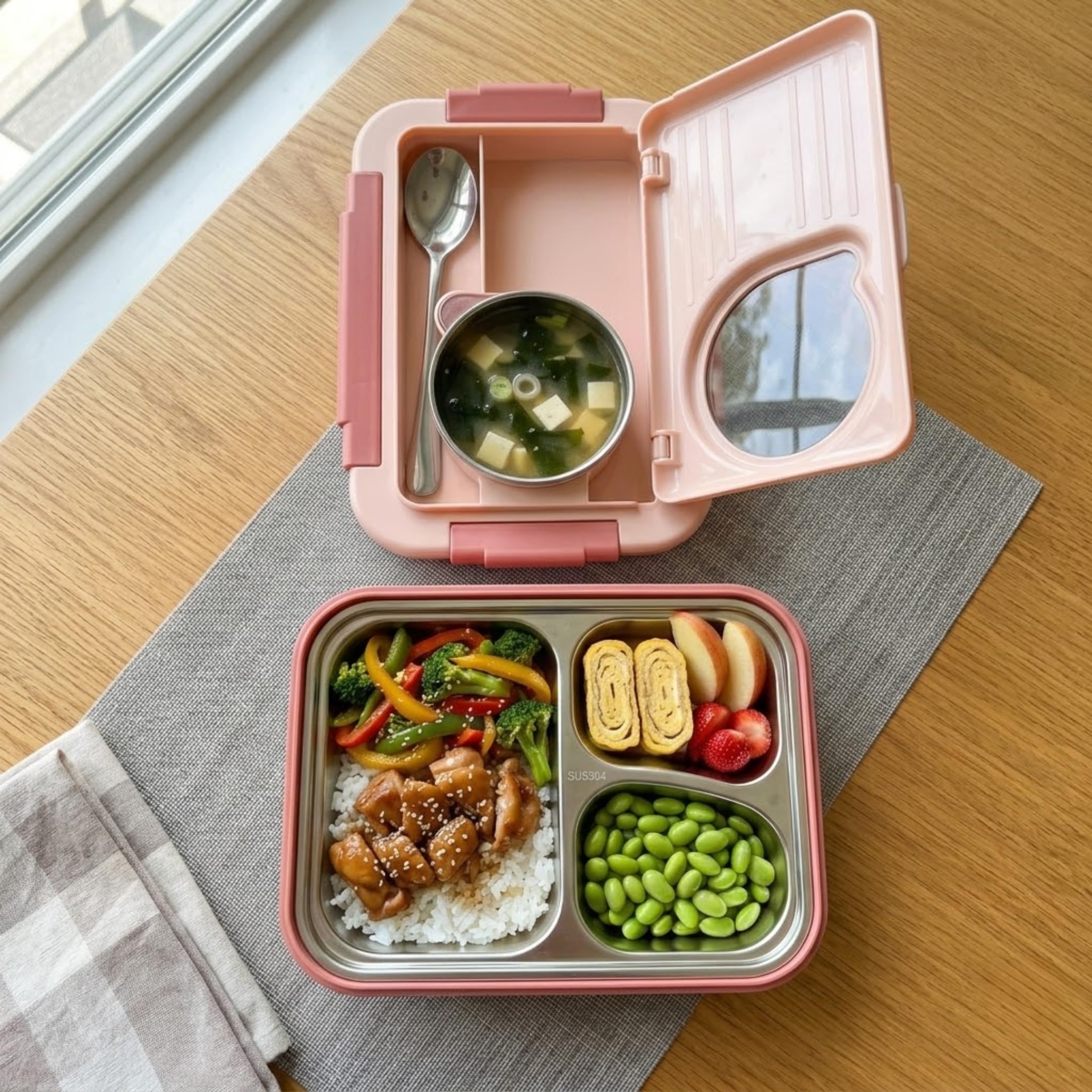 Kitchen Bloom Stainless Steel Bento Lunch Box 3 Compartment with Steel Cutlery, Heating Insulation | Lunch Box for Office Men, Women & Kids | Tiffin Box (Random Color) 1000 ML