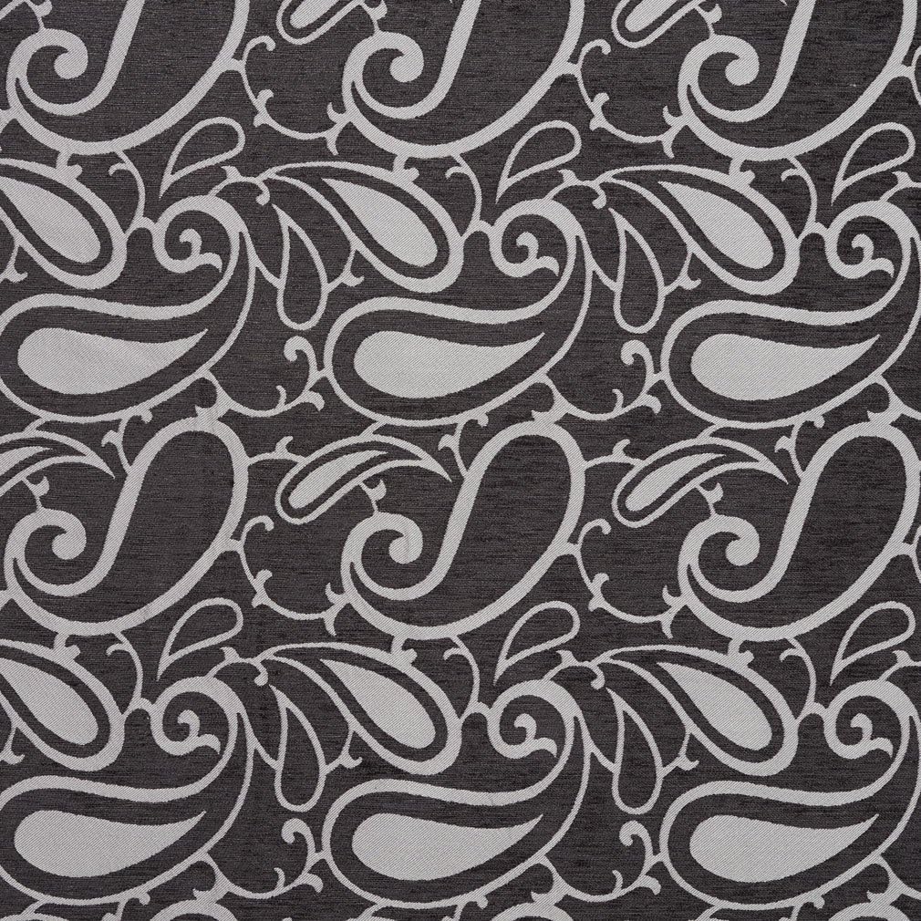 Black and Silver Woven Paisley Chenille Upholstery Fabric by The Yard - SKU: Asher Charcoal