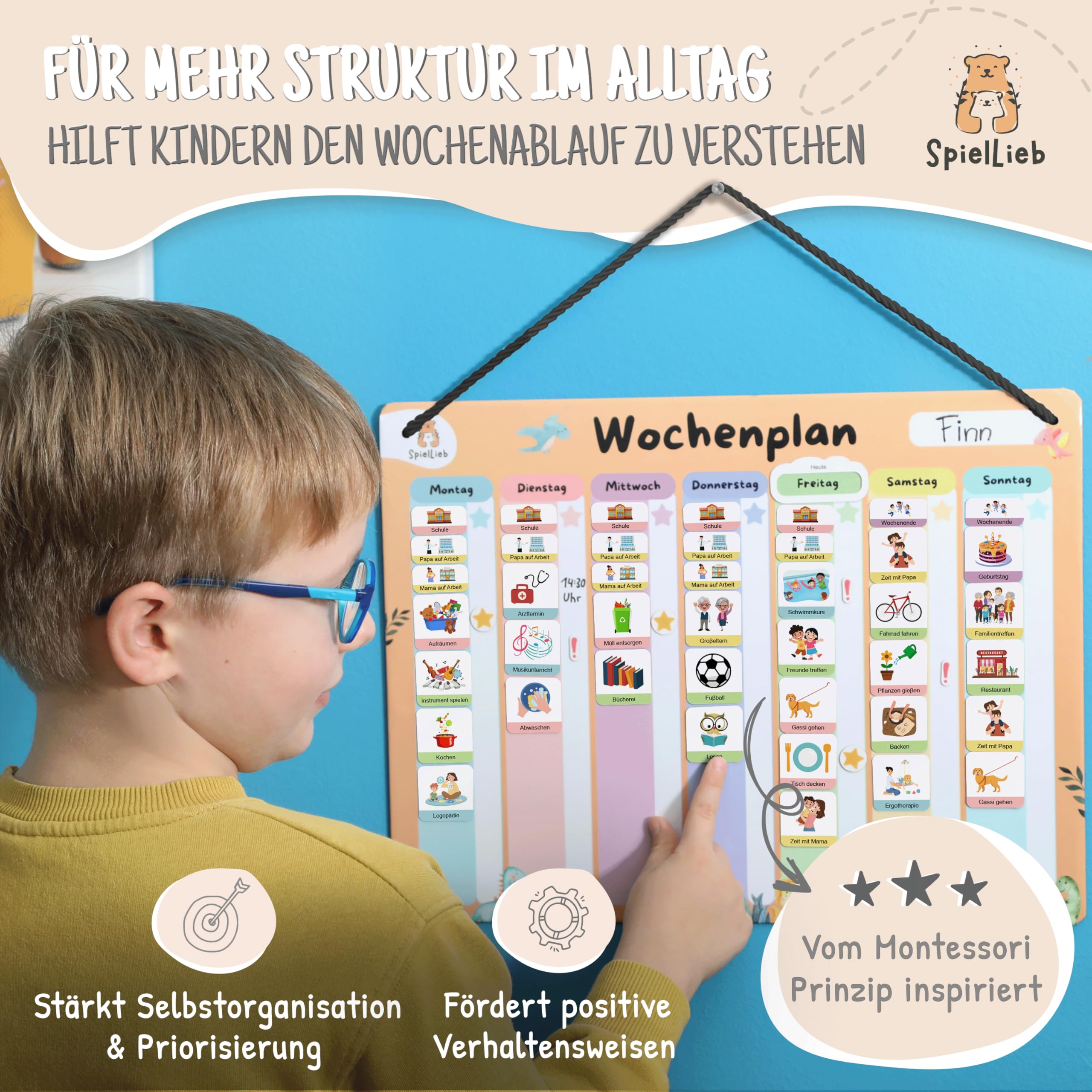 SpielLieb® Montessori Wochenplaner Kinder magnetisch – Magnettafel 216 Magnete, beschreib- & abwischbar – Routine Planer Kinder ideal für Selbstständigkeit & Organisation – Wochenplaner Kinder