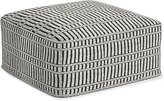 SIMPLIHOME Safford Boho Square Woven Outdoor/ Indoor Pouf in Black and White Recycled PET Polyester for the Living Room, Family Room, Bedroom and Kids Room