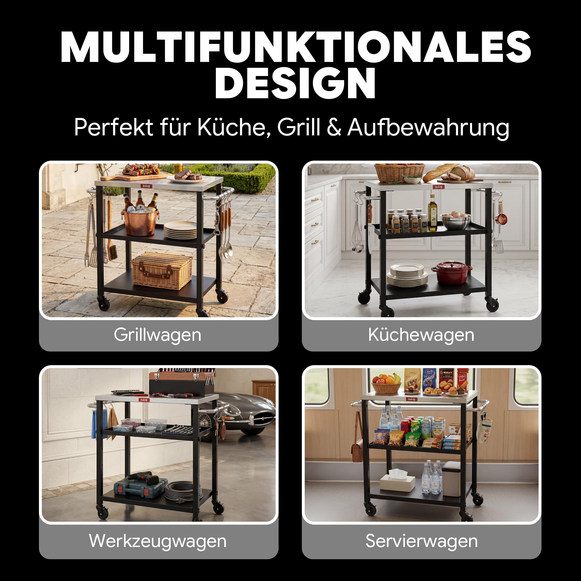 Grillwagen Outdoor Grilltisch Outdoor wetterfest Pizzatisch Servierwagen | 87,5x41x84cm mobile outdoor-Küche mit Edelstahlplatte, höhenverstellbarer Mittelregal, für Terrasse, Küche