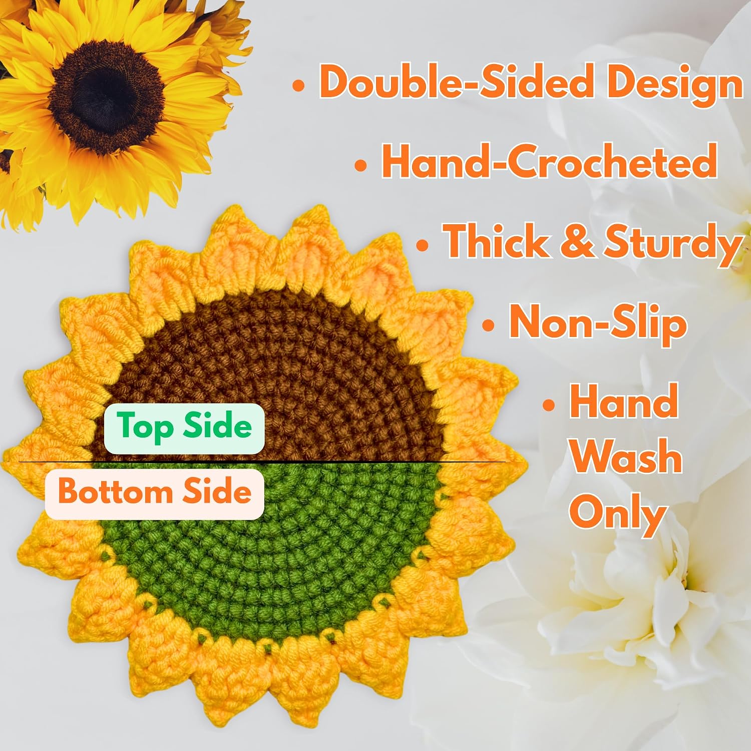 Sunflower Gifts for Women – Handmade Crochet Drink Coasters, Set of 4 Flower Cup Mats with Double-Layer Thick Design for Hot & Cold Beverages, Tabletop Protection