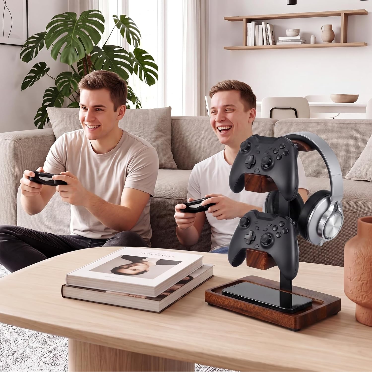 Headphone Stand with Controller Holder, Deep Walnut