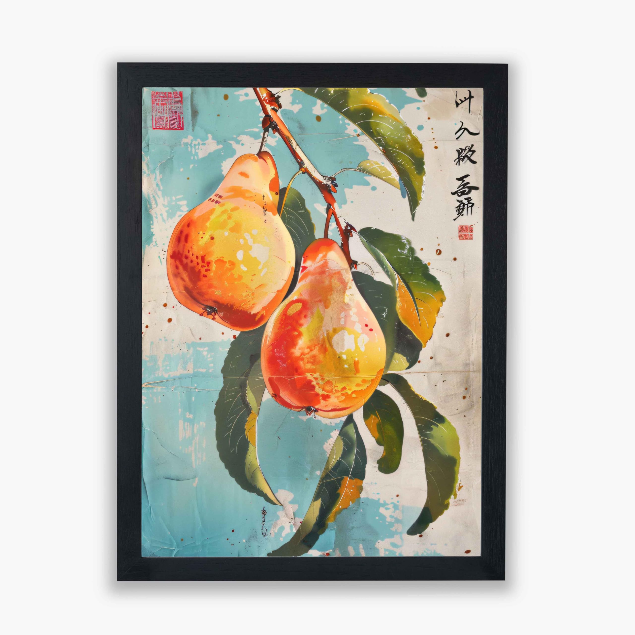 Poires sur aqua tableau rétro aquarelle avec écriture japonaise grand format - 8