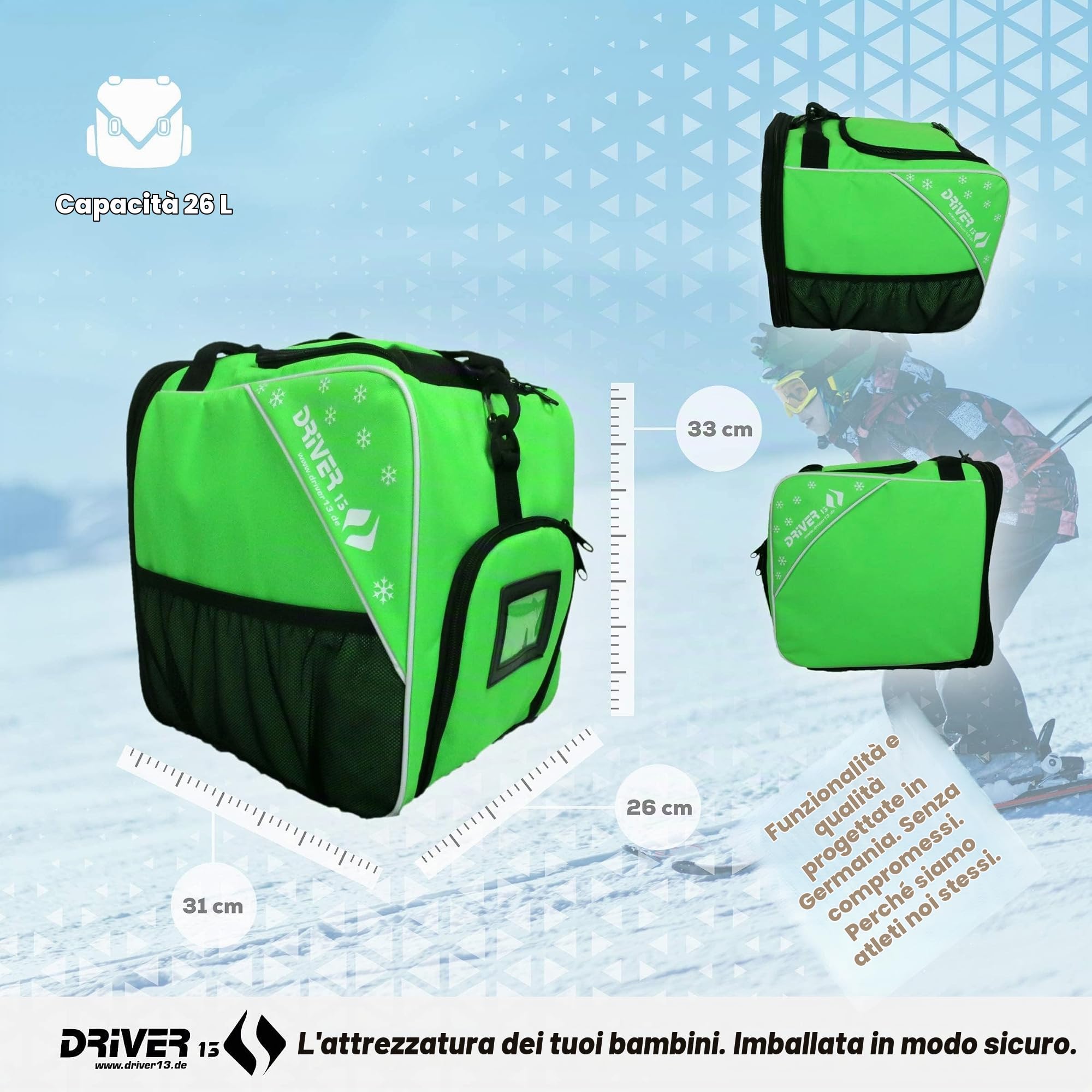 Driver13 borsa scarponi da sci per bambini (bootbag), borsa per scarponi da sci e boots snowboard, maniglia, verde