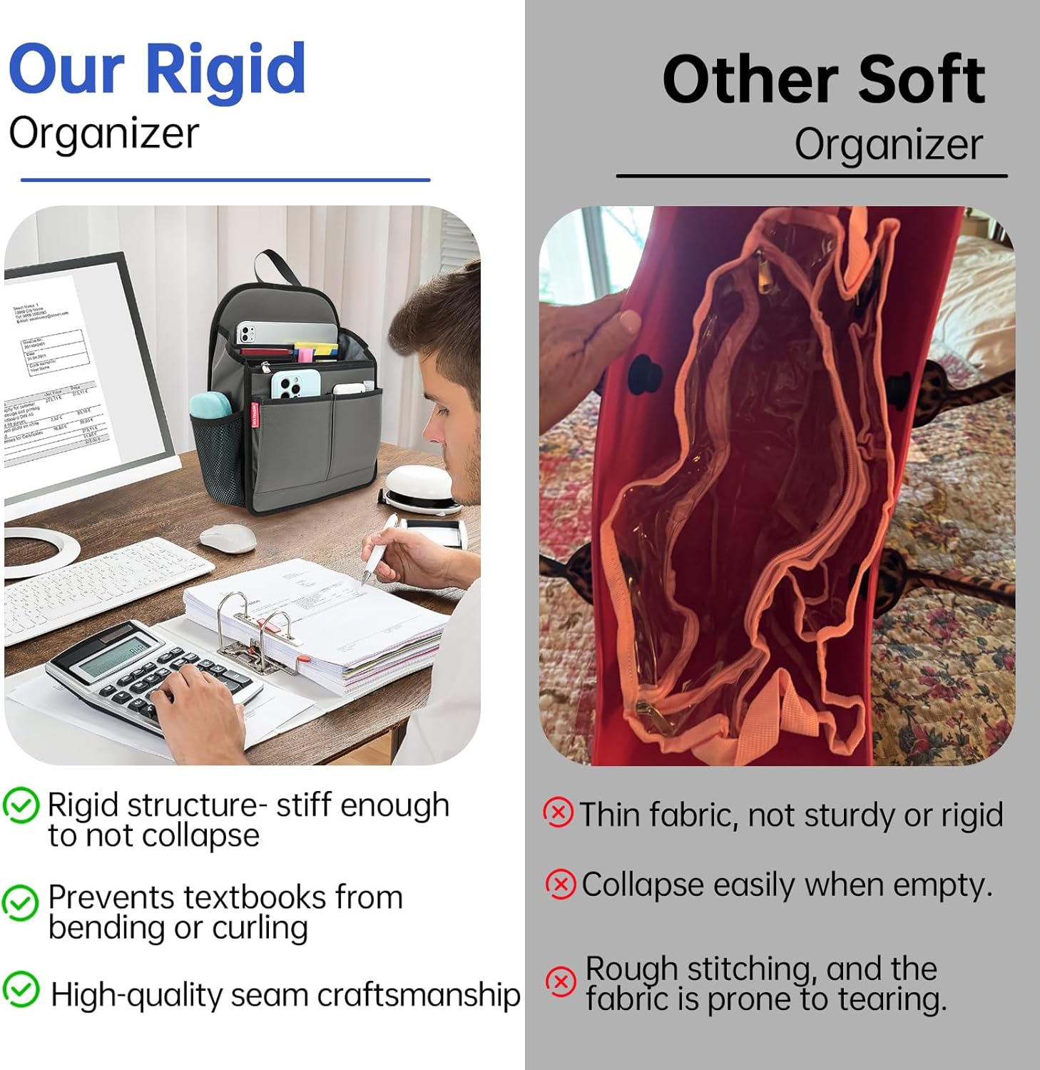 Large Premium Wider Rugged Backpack Organizer Insert for Men Women Work Travel -19 Pockets, Padded Nylon, Handle-Gray - Image 4