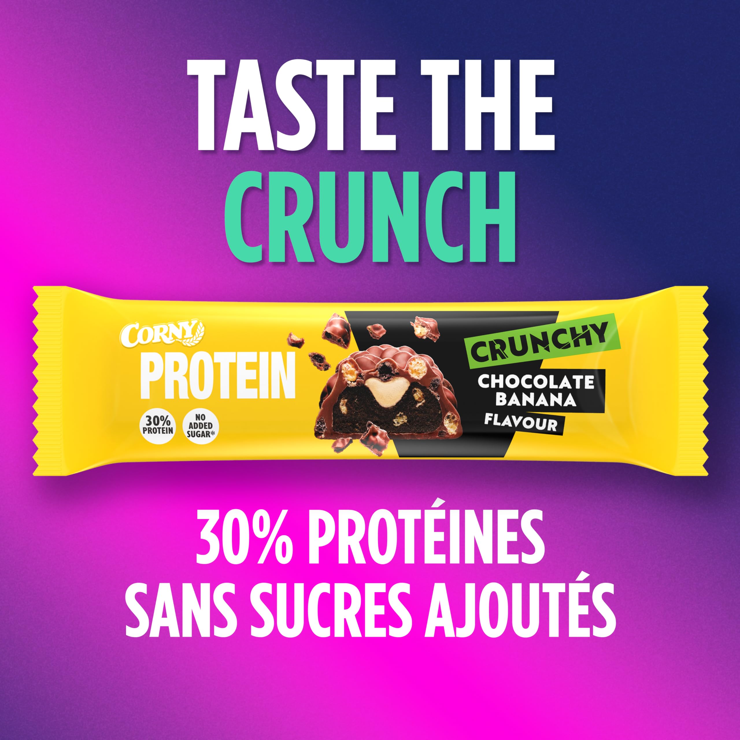 Barres protéinées, Corny Protein Crunchy, Chocolat au Lait Goût Banane, Avec collagène, 0% de sucres ajoutés, Pack de 12x45g, Taste the Power