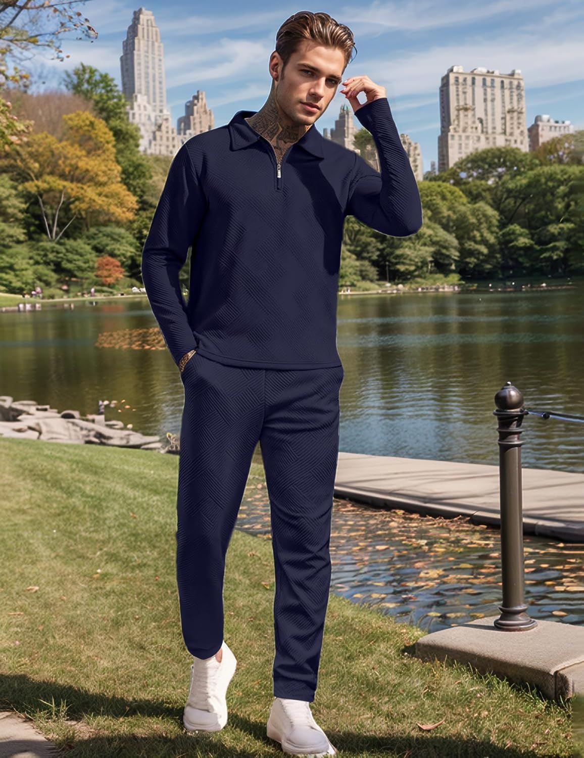 UOUA Mens 2 Piece Set Casual Outfits Polo Long Sleeve Shirt & Pants Tracksuit Loungewear Athletic Jogger Sweatsuit - Image 4