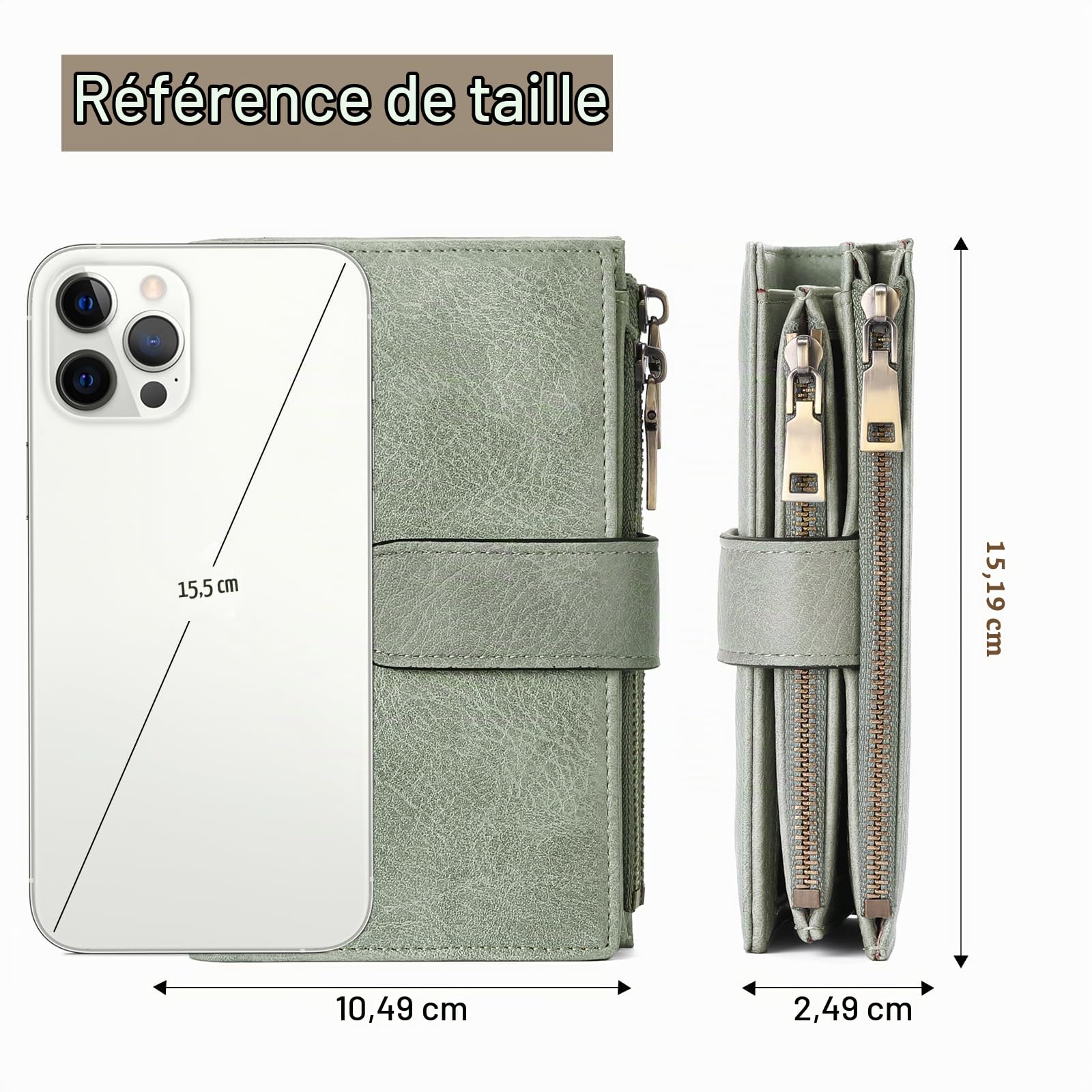GOIACII Portefeuille Femme Cuir Moyen Porte-Cartes de Crédit RFID Double Fermeture éclair Porte Monnaie Grande Capacite avec 16 Cartes et 3 Fenêtre D'identification