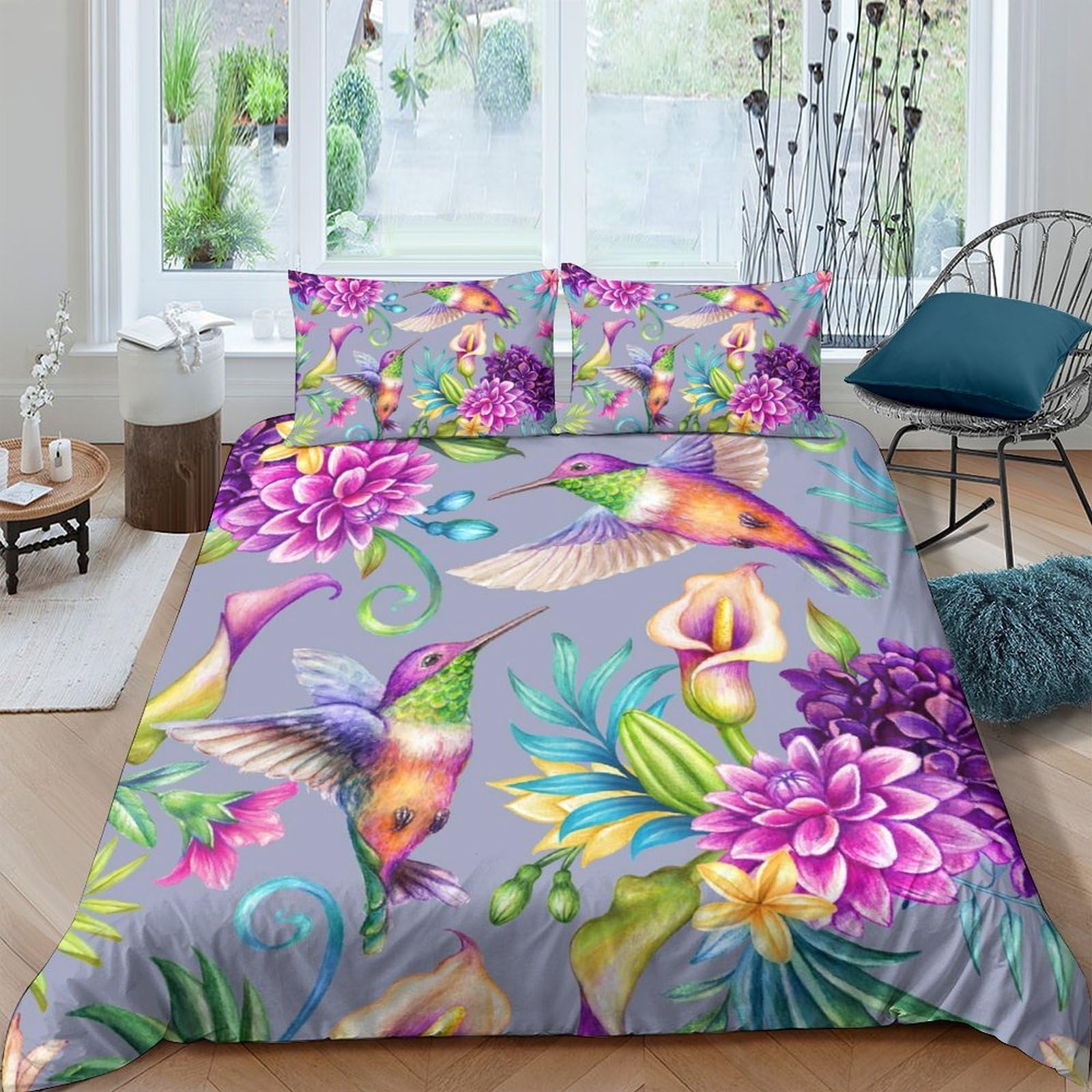 Ctjqhvkz Style-7 3D Printed Hummingbird Floral Fitted Sheet Microfiber Soft Colorful Flower Bed Cover For Bedroom Guest Room Easy Care Single（135X200cm）