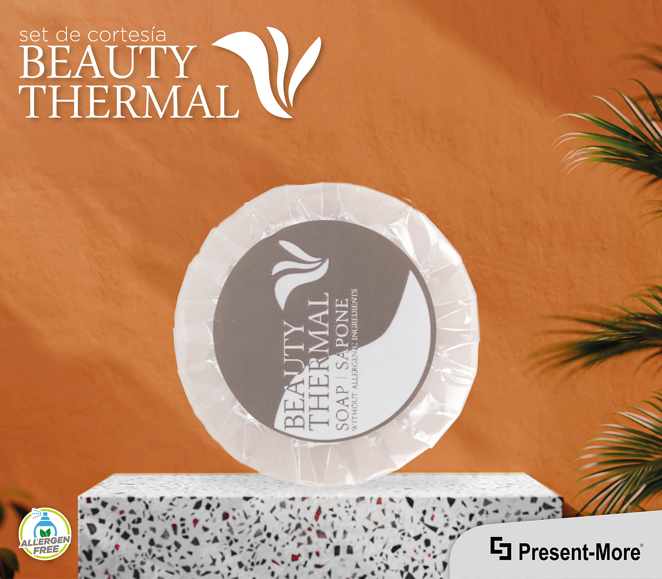 Present-More Jabon manos 25gr Beauty Thermal - Soap 250 unidades para Hoteles y B&B | Jabon sin alérgenos con fragancia Arancia y Canela