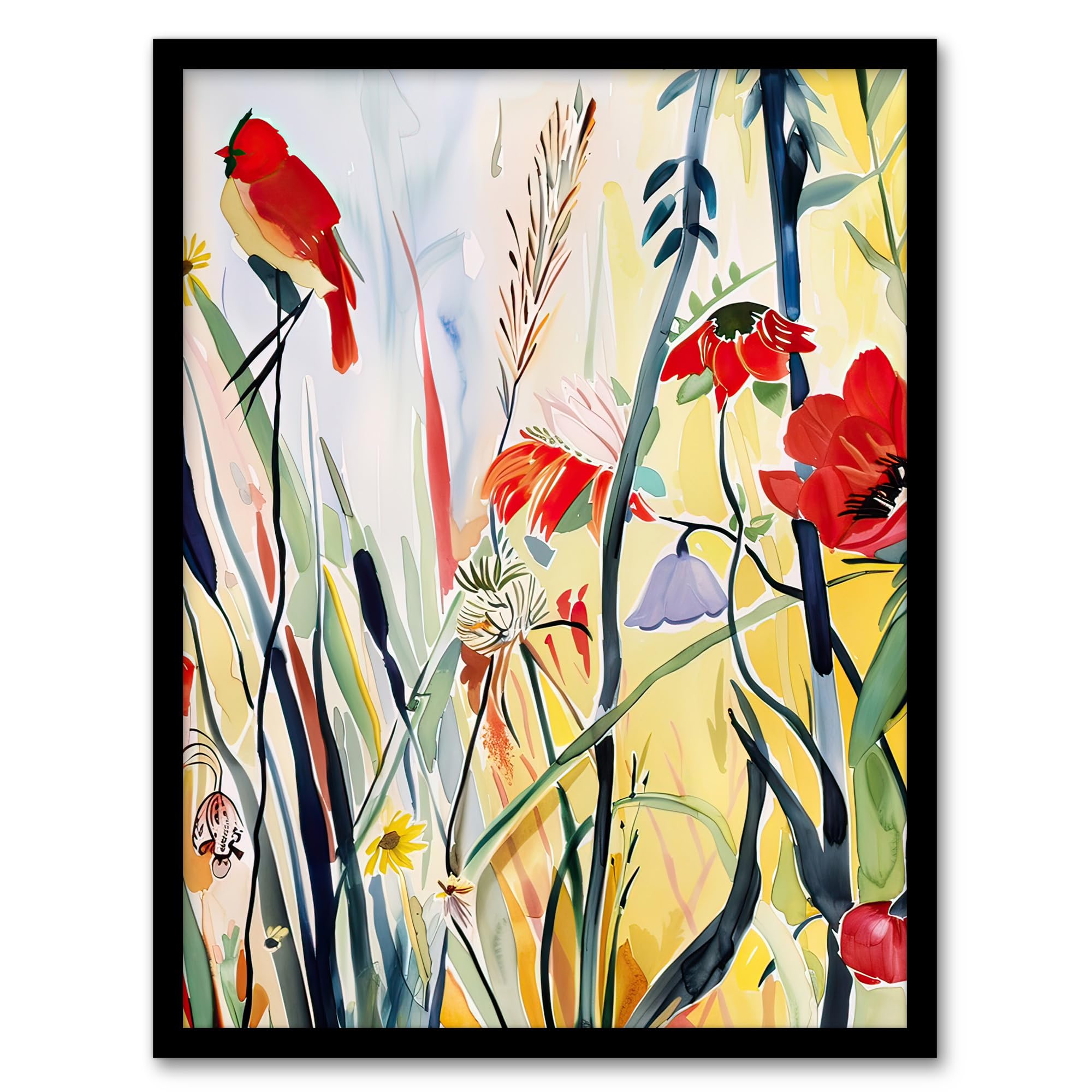 Artery8 Northen Cardinal Bird Watercolour Spring Flowers Living Room Art Print Framed Poster Wall Decor 12x16 inch