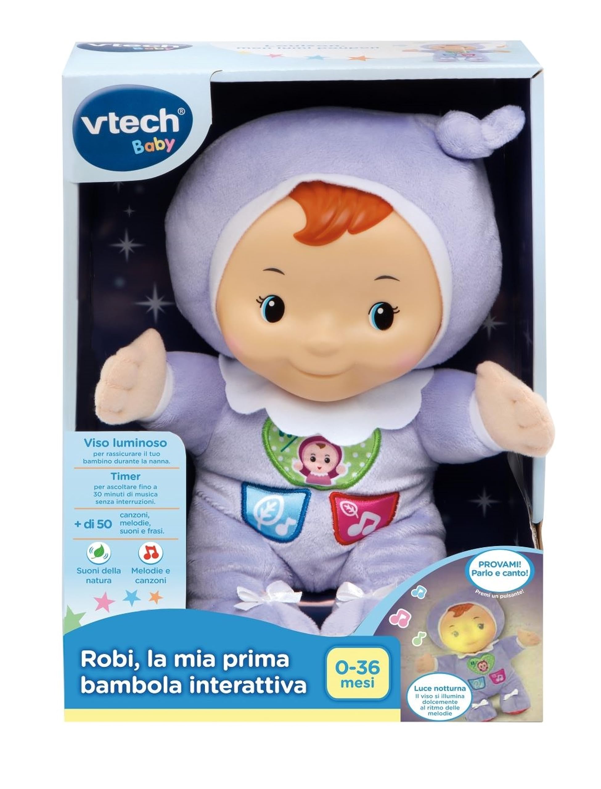 VTech Robi, la Mia Prima Bambola Interattiva, Peluche con Luce Notturna Bambini, Luce Musicale con 40 Ninne Nanne e 2 Canzoni, Luce Regolabile, Lingua Italiana, Batterie Incluse, 0-36 Mesi