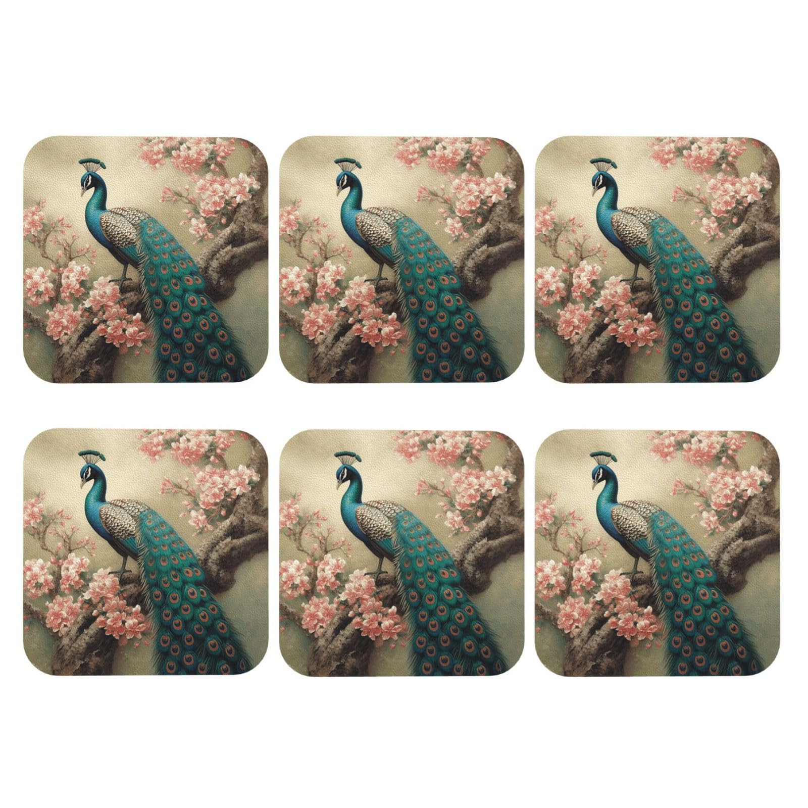 6pcs Leather Coasters for Drinks, Oriental Peacock Drink Coasters for Tabletop Protection, 4" Cup Coasters for Coffee Table Decor, Non-Slip Drinking Cup Mat for Hot Or Cold Drink