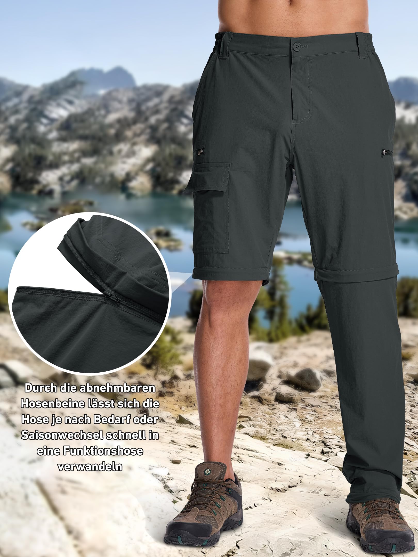 Pantalón Hombre Convertible, Pantalón de Senderismo Verano Ligero Transpirable de Secado Rápido Desmontable, Cargo 6 Bolsillos para Senderismo, Trekking, Ciclismo, Viaje, Camping