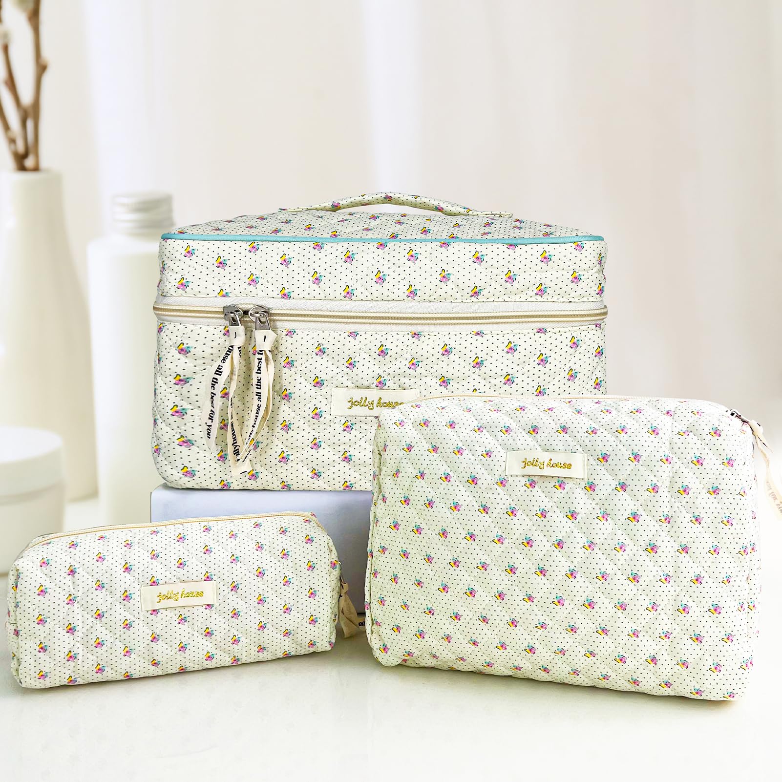 TOPALL Cosmetic Bag, Floral Cotton Quilted Toiletry Bag, Classic Makeup Pouch for Women & Girls - 3PCS (Large + Medium + Pouch) - Image 3