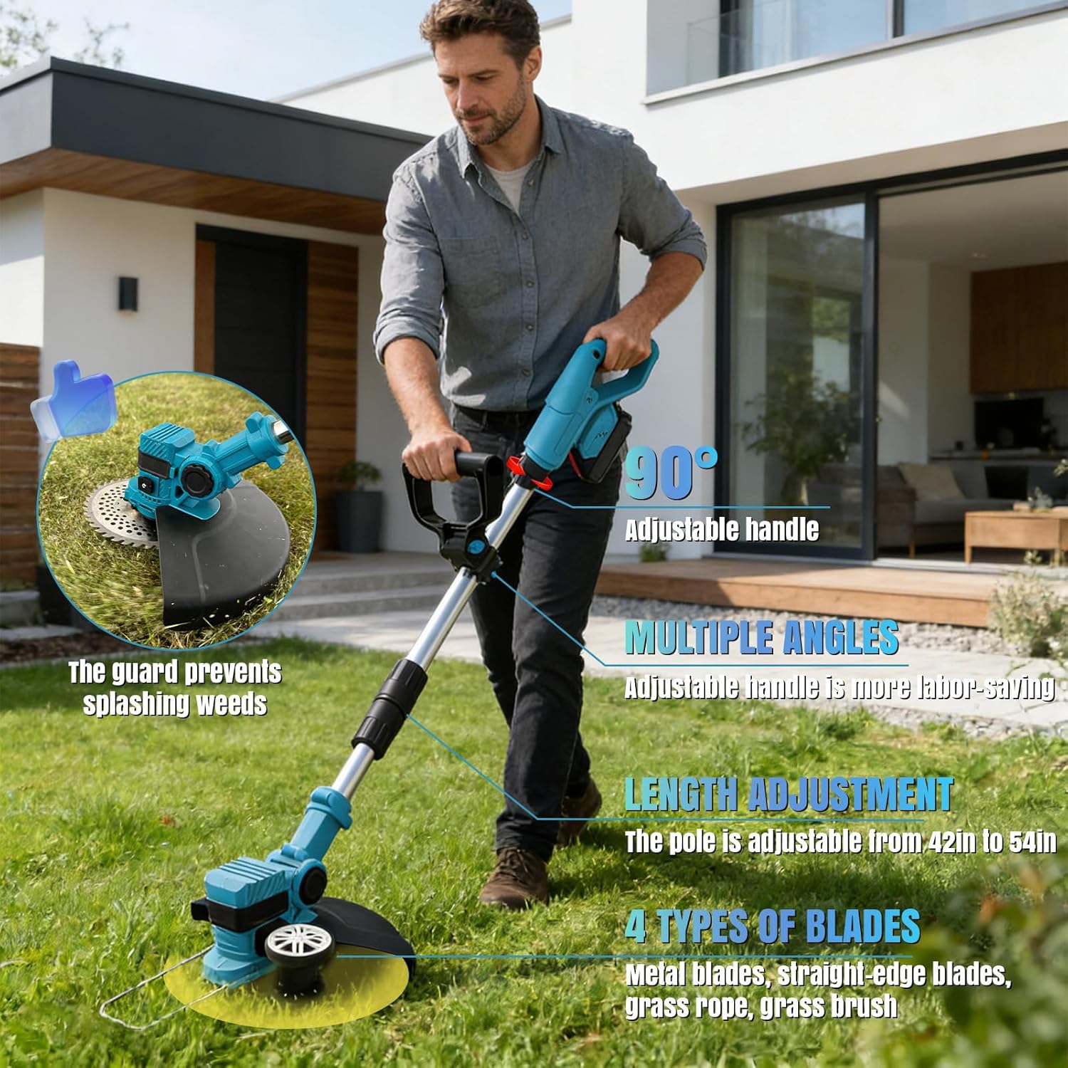 Electric Weed Wacker Cordless, with 2 X 21V 3.0Ah Battery Powered, 4 in 1Cordless Weed Eater & Brush Cutter with 4 Types Cutting Blades for Lawn Yard Garden