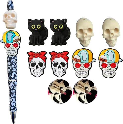 Cuentas focales de silicona de calavera con bolígrafo, 10 cuentas focales de silicona para Halloween con bolígrafo, diseños atrevidos con huesos,