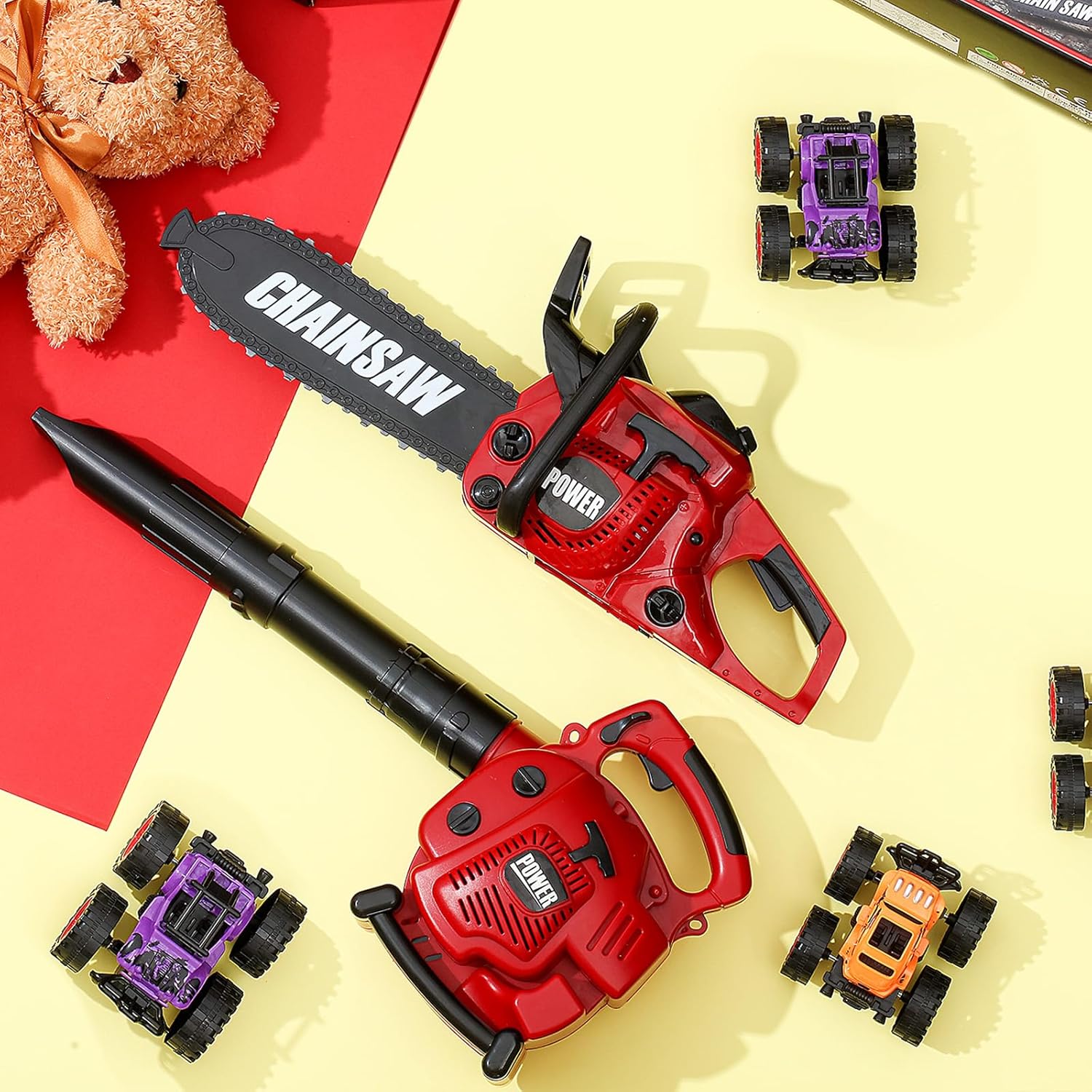 2 Pcs Toy Gardening Tool Set for Kids Leaf Blower Toy Chainsaw Battery Powered Gardening Tool Set with Lights and Sounds Christmas Birthday Gift for Boys Girls