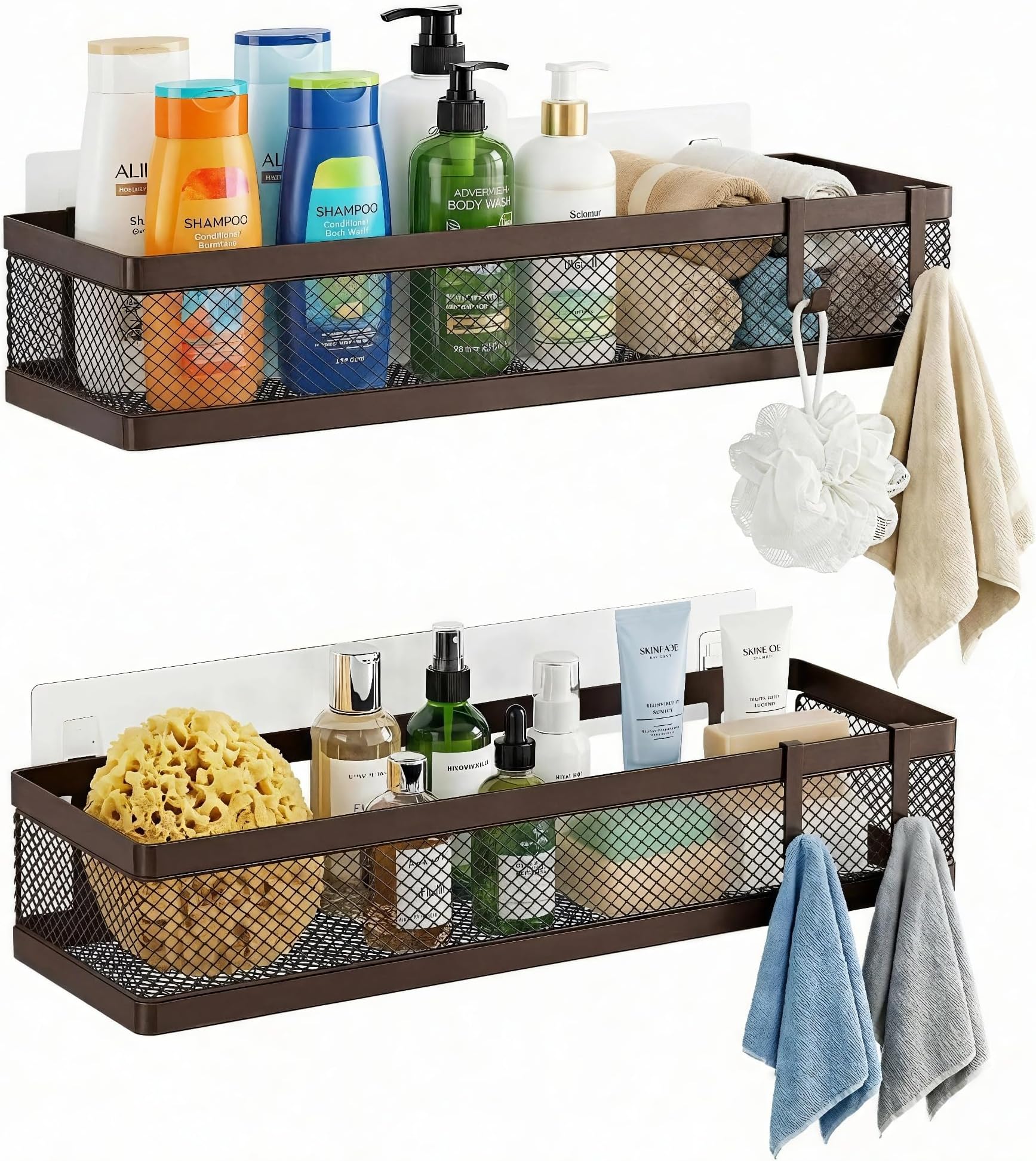 PUSDON 16.5-Inch Extra Long Slim Mesh Shower Caddy, Wall Mounted Bathroom Organizer with Adhesive, Heavy Duty Rustproof Shelf for Narrow Kitchen Pantry & RV, Holds 50 LBS Bronze -2 Packs Netting