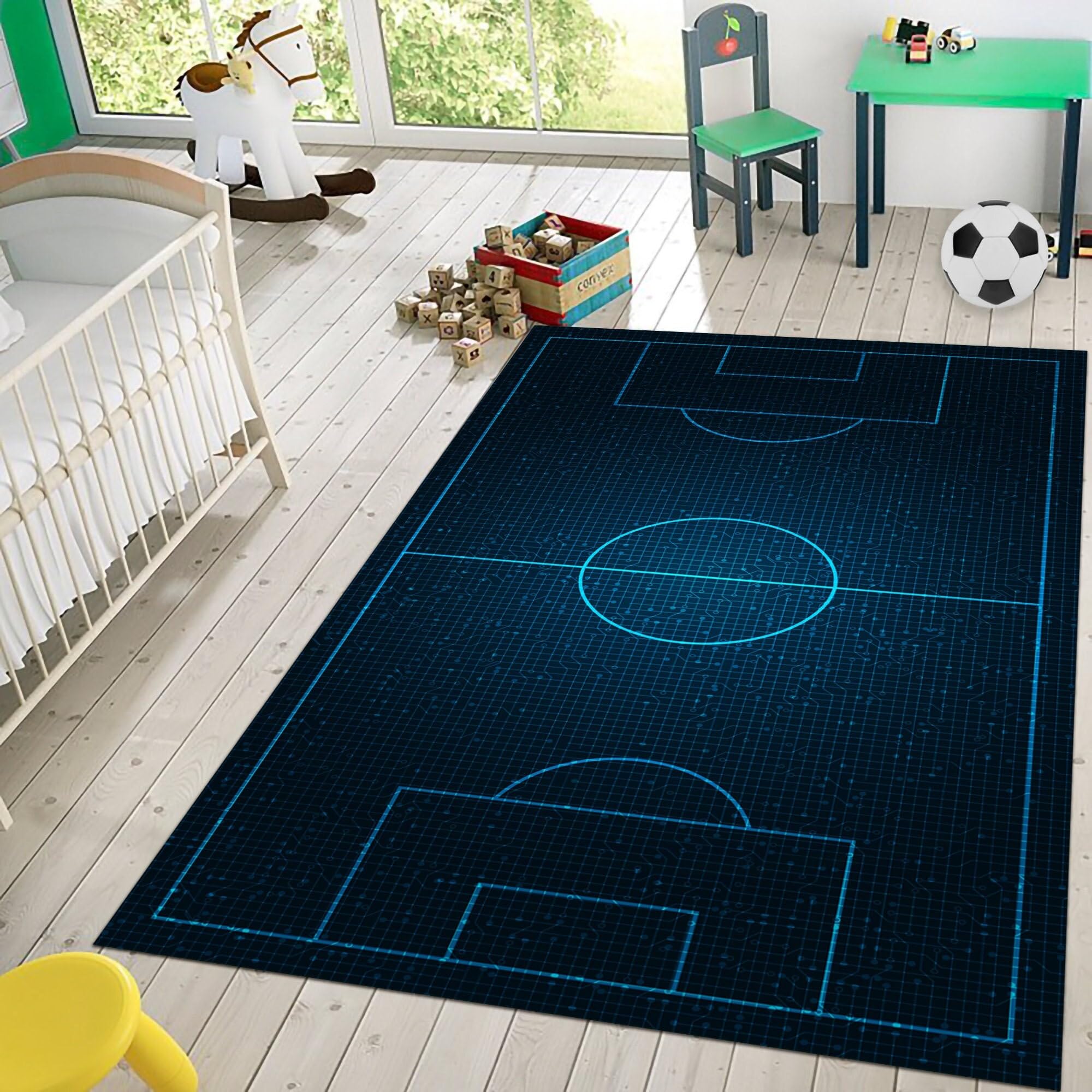 Bycmuoz Soccer Field Bedroom Carpet, 70x140cm, 3d Blue Sports Themed Rugs for Playrooms, Home Decor Machine Washable Breathable Throw Mat, Easy Clean Breathable Carpets for Office Bedside